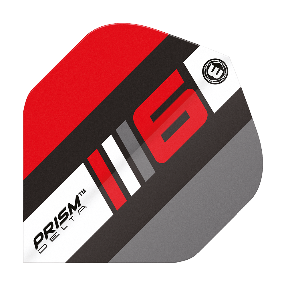 6915-226_Winmau_Prism_Delta_Blade6_B_Standard_Flights_1Il14W8J8omWNW Das Bild zeigt ein Dartflight des Modells "Winmau Prism Delta Blade 6 B Standard". Das Design ist in Rot, Schwarz, Grau und Weiß gehalten und zeigt die Zahl 6 sowie den Produktnamen.