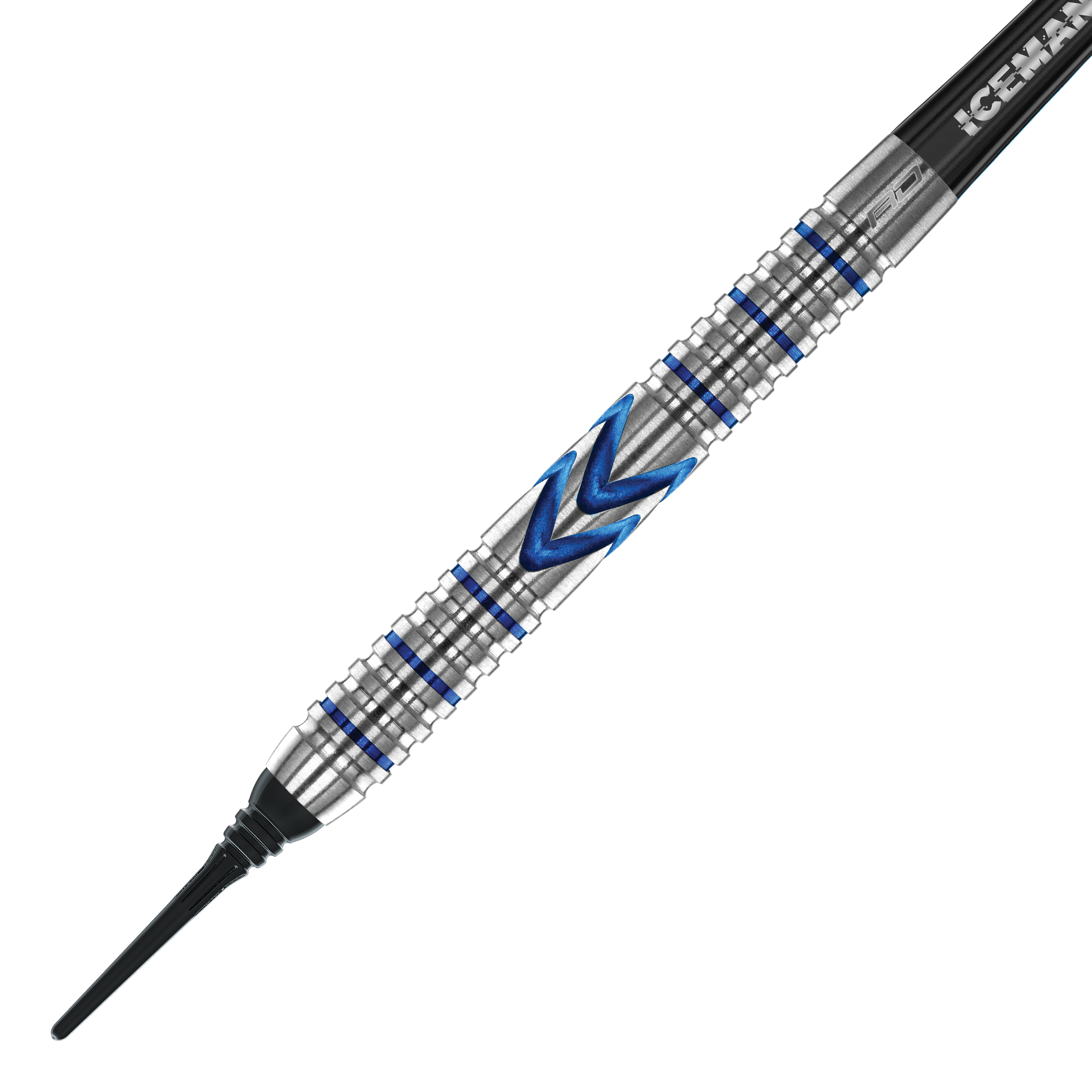 Red Dragon Gerwyn Price Iceman Midnight Edition Soft Darts - 20g Dies ist ein Softdart der Marke Red Dragon, Modell Gerwyn Price Iceman Midnight Edition mit 20 Gramm Gewicht. Der Dart hat ein silbernes Griffstück mit blauen Akzenten und einem markanten Zickzack-Muster.