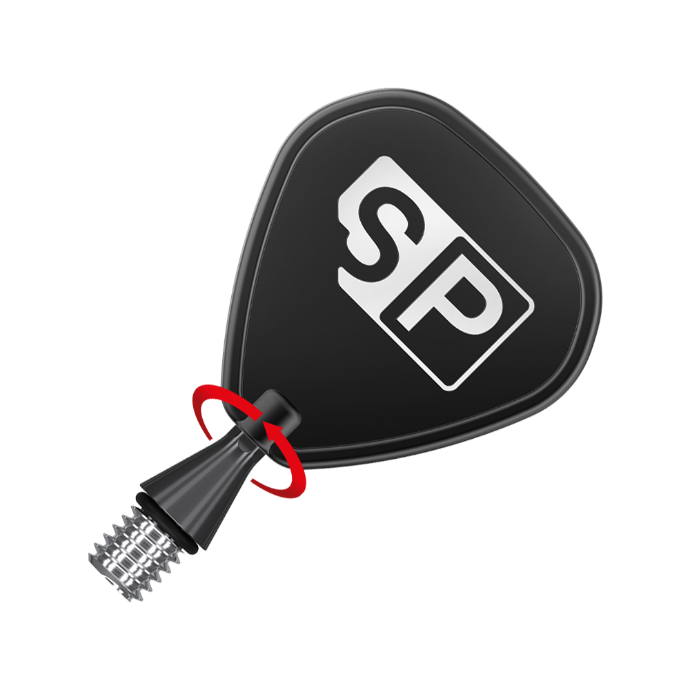 380160_Target_Titanium_Swiss_Point_Nano_Conversion_Points_Schwarz_3 Das Bild zeigt eine schwarze Dartspitze mit einem Pfeil für die Schraubbewegung. Auf der Spitze ist das weiße Logo "SP" abgebildet.