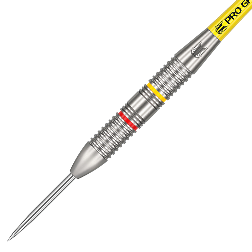 170005_Target_Gabriel_Clemens_Brass_Steeldarts_2 Das Bild zeigt einen Target Gabriel Clemens Brass Steeldart mit einem Gewicht von 22 Gramm. Der Dart hat einen silbernen Schaft mit farbigen Ringen in Gelb und Rot.