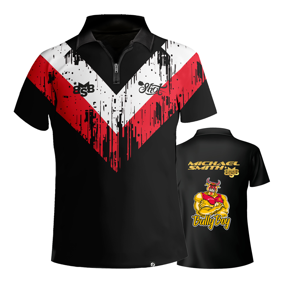 Shot Michael Smith White Stripe dart shirt Das Bild zeigt das Shot Michael Smith White Stripe Dartshirt mit auffälligem roten und weißen Streifenmuster auf schwarzem Grund. Auf der Rückseite sind der Name "Michael Smith", das Logo "Bully Boy" und eine Zeichnung eines muskulösen Stiers zu sehen.