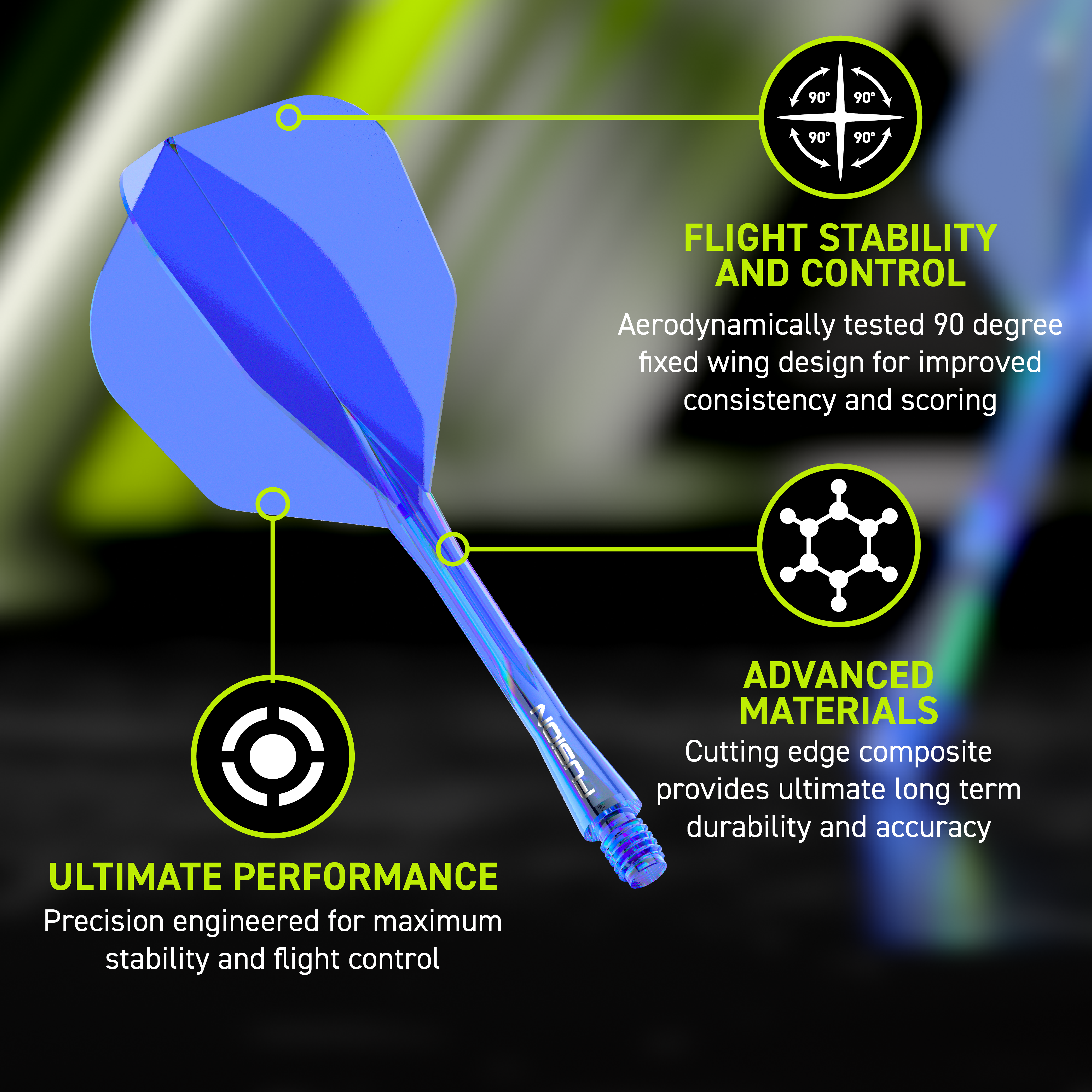 Das Winmau Fusion Flight-Shaft-System No6 in Blau ist zu sehen. Es bietet eine moderne Lösung für Dartspieler.