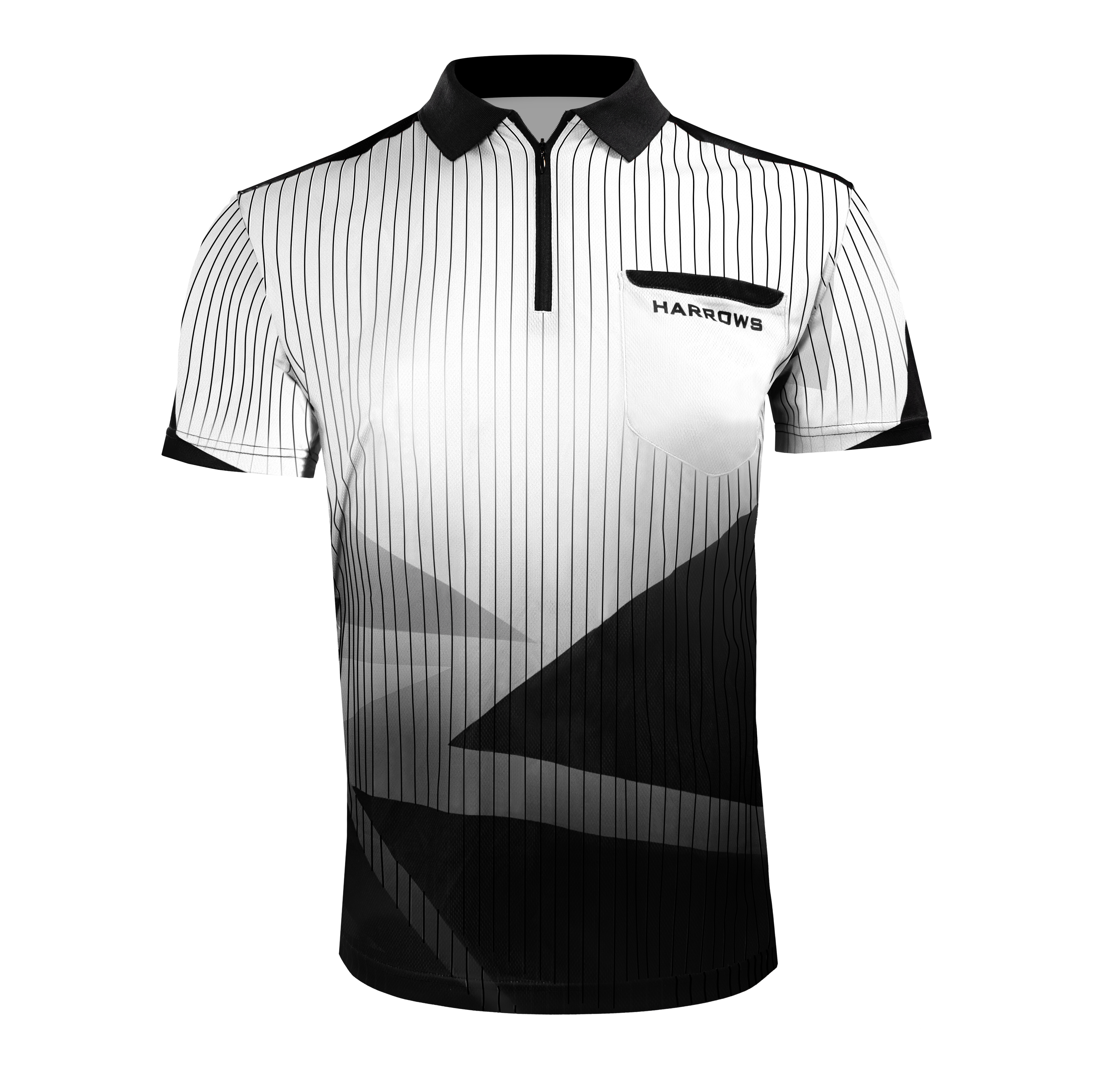 Harrows Shard Dartshirt - Weiß Das Bild zeigt das Harrows Shard Dartshirt in Weiß mit feinen schwarzen Streifen und modernen geometrischen Mustern. Auf der Brust befindet sich eine Tasche mit dem Schriftzug "Harrows".
