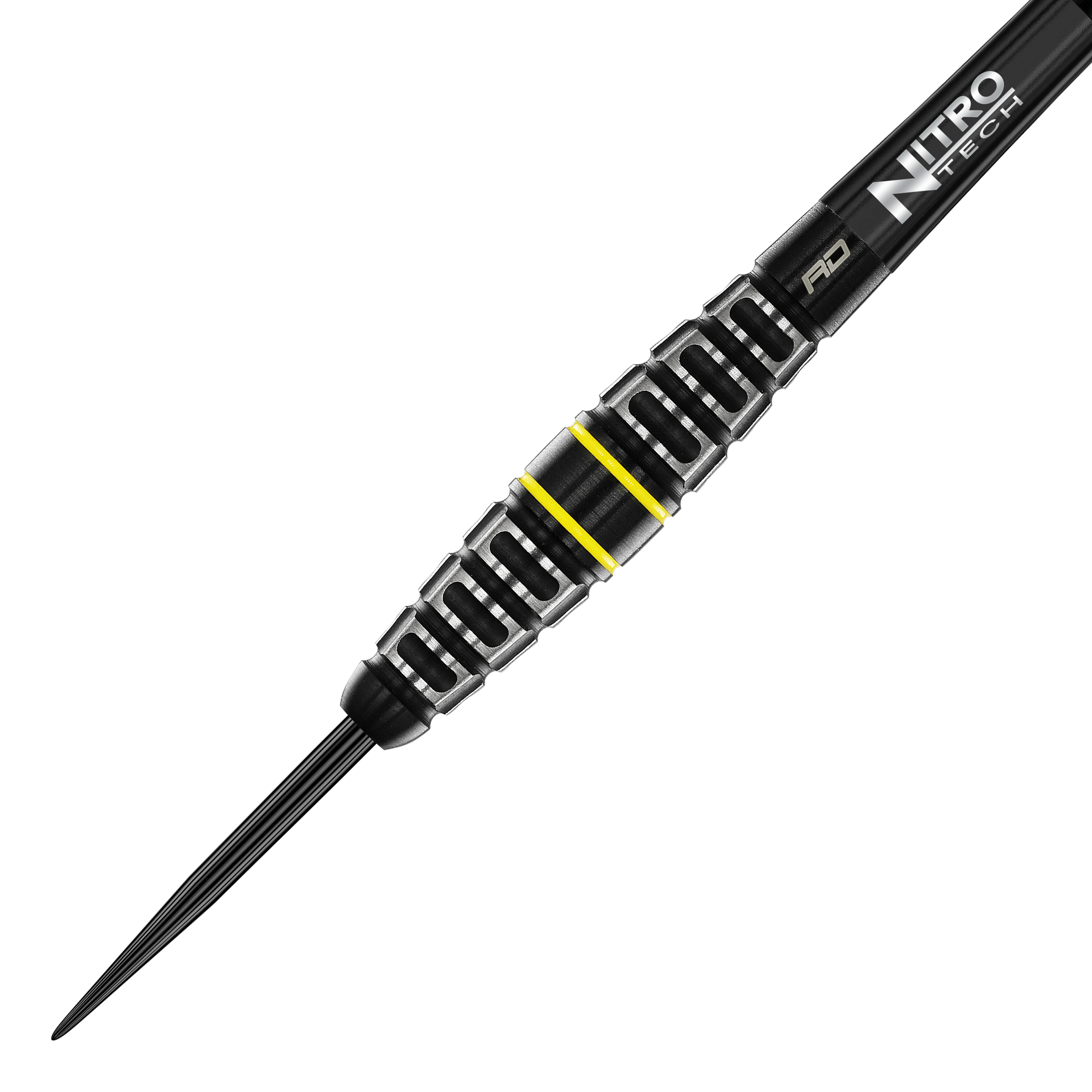 Red Dragon Astraeus Q4X Torpedo Steel Darts Das Bild zeigt den Red Dragon Astraeus Q4X Torpedo Steeldart. Der Dart hat ein schwarzes Design mit silbernen Rillen und gelben Akzenten.