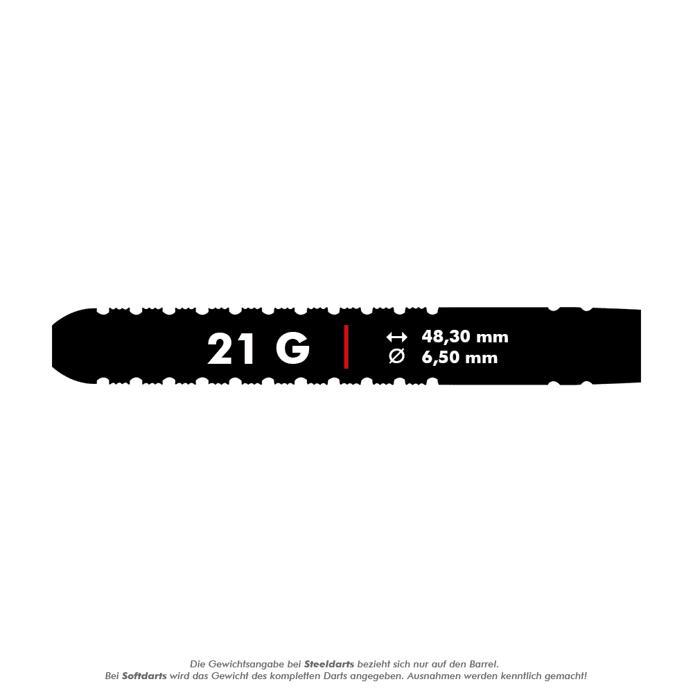 RD2554_Red_Dragon_Gian_Van_Veen_Steeldarts_5_21g Das Bild zeigt das Produkt "Red Dragon Gian Van Veen Steeldarts - 21g". Die Darts wiegen 21 Gramm, sind 48,30 mm lang und haben einen Durchmesser von 6,50 mm.