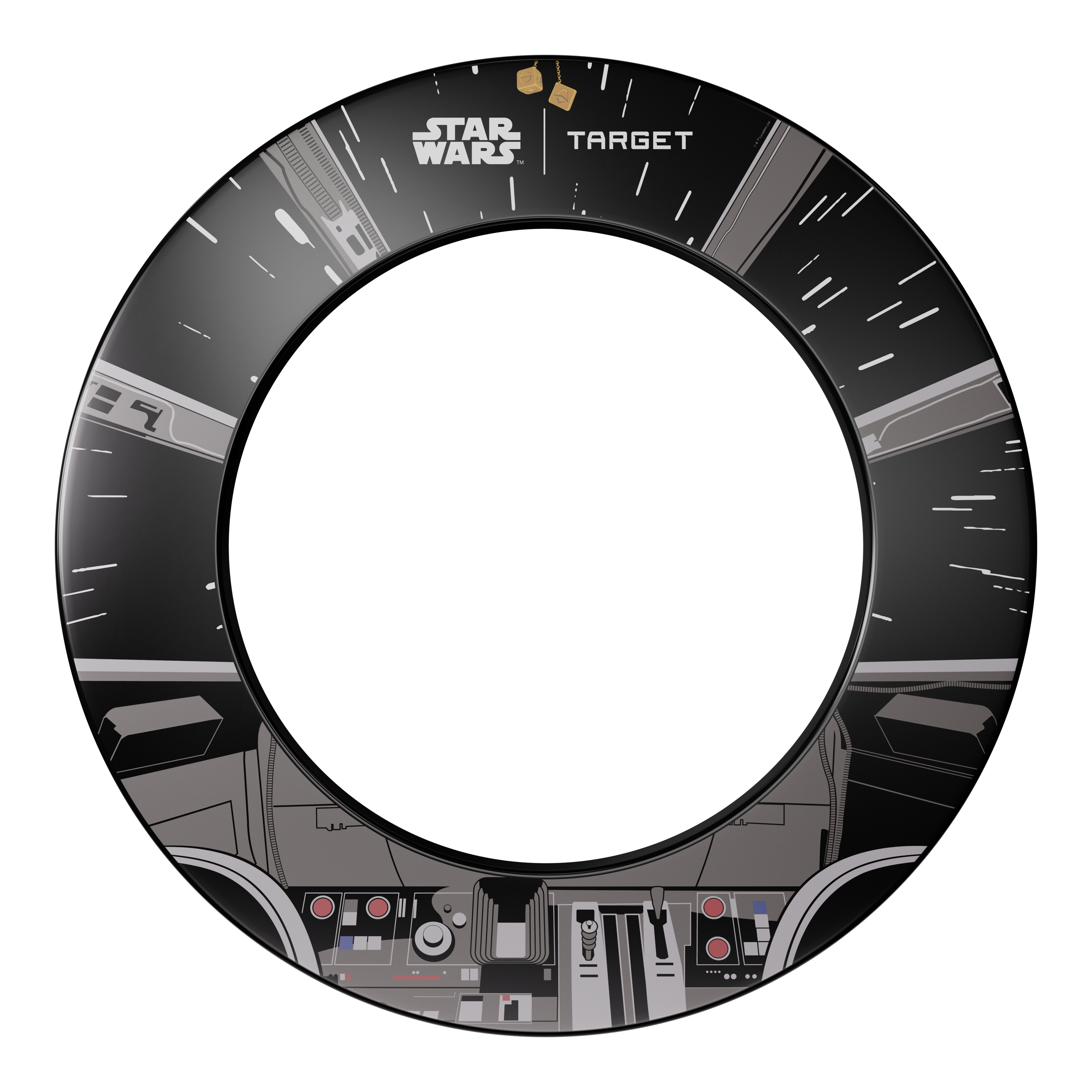 Dieses Bild stellt das Target Star Wars Millennium Falcon Surround Board Bundle dar. Das Design kombiniert klassische Dartscheiben mit Details des Millennium Falcon aus Star Wars.