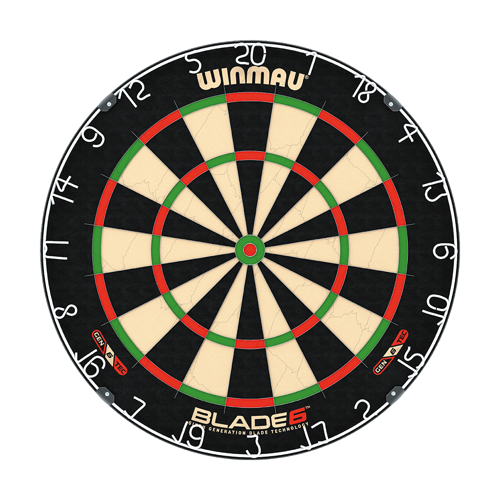 B6DSET_Winmau_Blade_6_Dartboard_Set_2 Das Bild zeigt eine Winmau Blade 6 Dartscheibe mit klassischem Design. Es handelt sich um ein Set, das auch zwei Sets Winmau Steeldarts enthält.