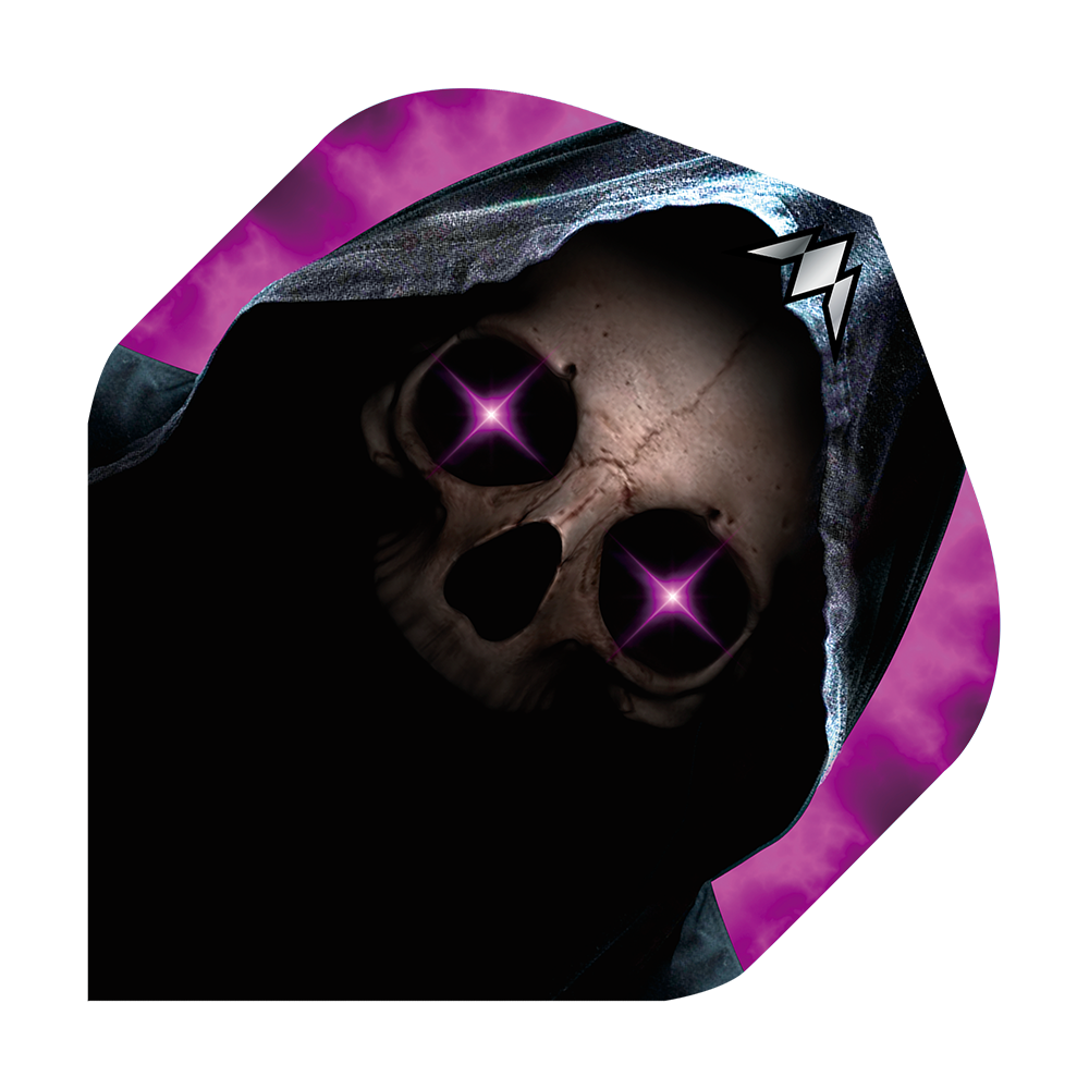 Mission Solo Phantom No2 Standard Flights Das Bild zeigt ein Dartflight mit einem Totenkopf in einer dunklen Kapuze. Die Augen des Schädels leuchten in einem auffälligen Lila mit Sternenform.