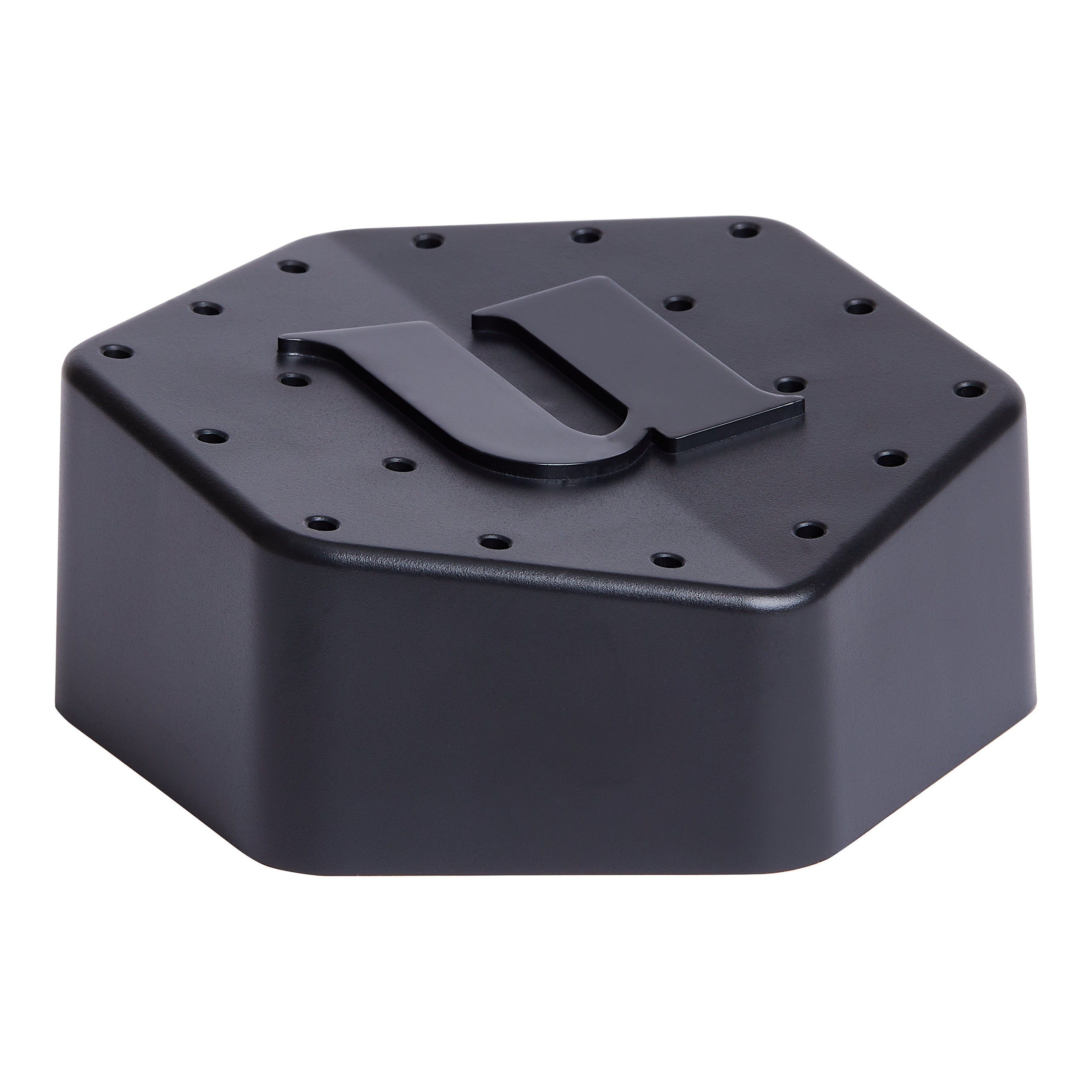 Unicorn dart stand Das Bild zeigt den Unicorn Dartständer in schwarzer Farbe. Er hat eine sechseckige Form mit mehreren kleinen Löchern und einem großen „U“ auf der Oberseite.