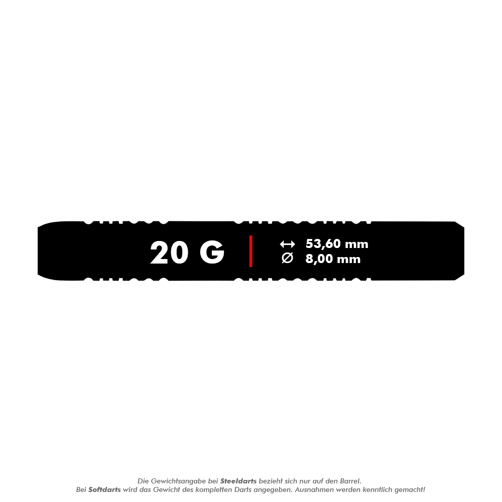 Das Bild zeigt Angaben zu den Winmau Michael Van Gerwen MvG Ambition Softdarts mit einem Gewicht von 20 g. Die Länge beträgt 53,60 mm und der Durchmesser 8,00 mm.