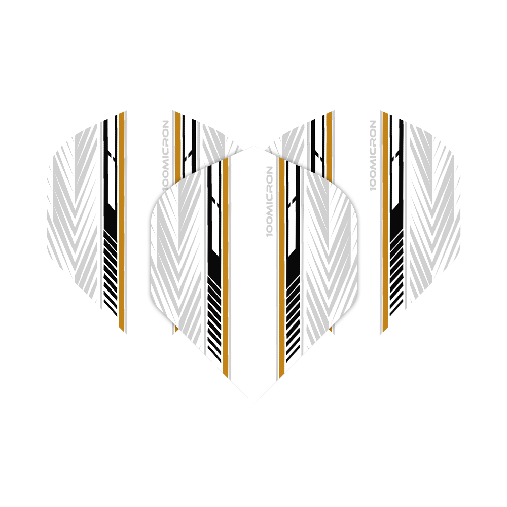 Pentathlon Flights white/black/gold Das Bild zeigt die Pentathlon White Black Gold No2 Standard Flights für Dartpfeile. Die Flights sind überwiegend weiß mit schwarzen und goldenen Zierstreifen sowie geometrischen Mustern.