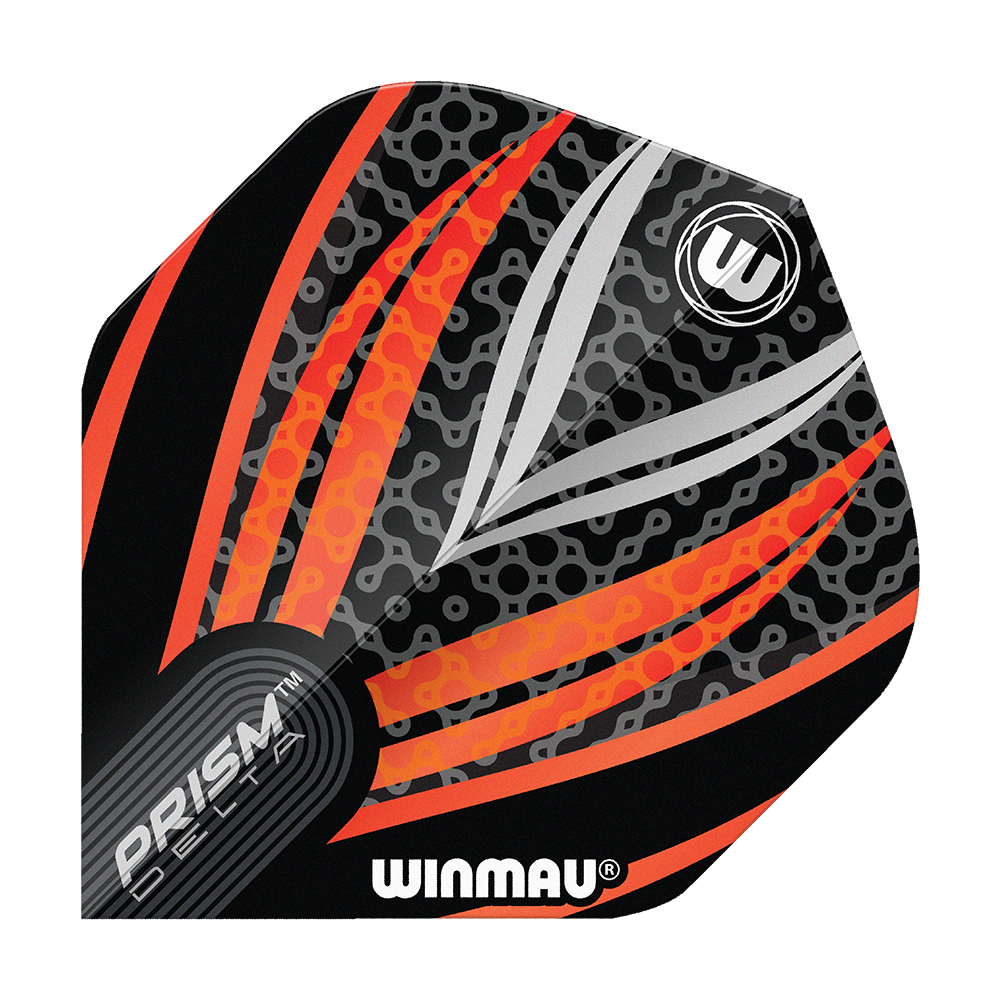 Winmau Prism Delta Black White Orange No. 2 Standard Flights Das Bild zeigt ein Dart-Flight der Marke Winmau mit dem Namen "Prism Delta Schwarz Weiß Orange No2 Standard Flights". Das Design besteht aus schwarzen, weißen und orangefarbenen Streifen mit einem modernen Muster.
