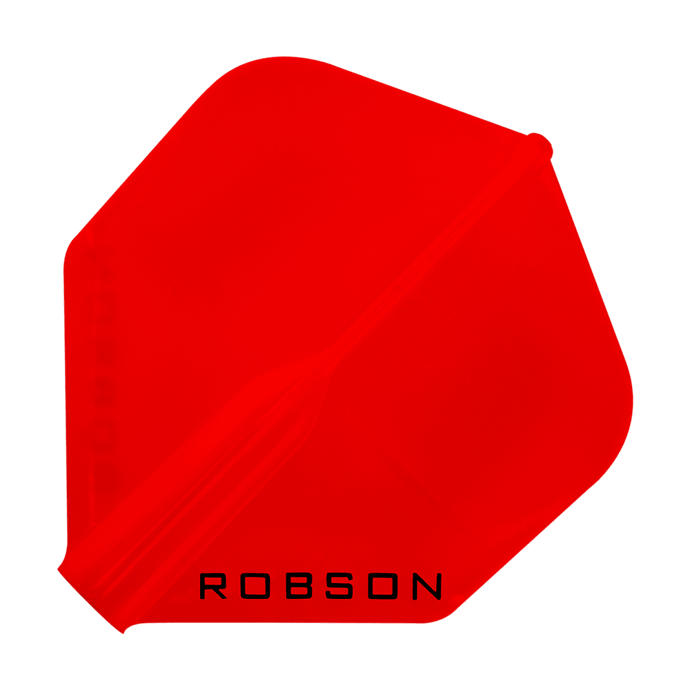Das Bild zeigt ein rotes Dart-Flight mit der Aufschrift „ROBSON“. Das Flight hat eine standardmäßige, sechseckige Form.