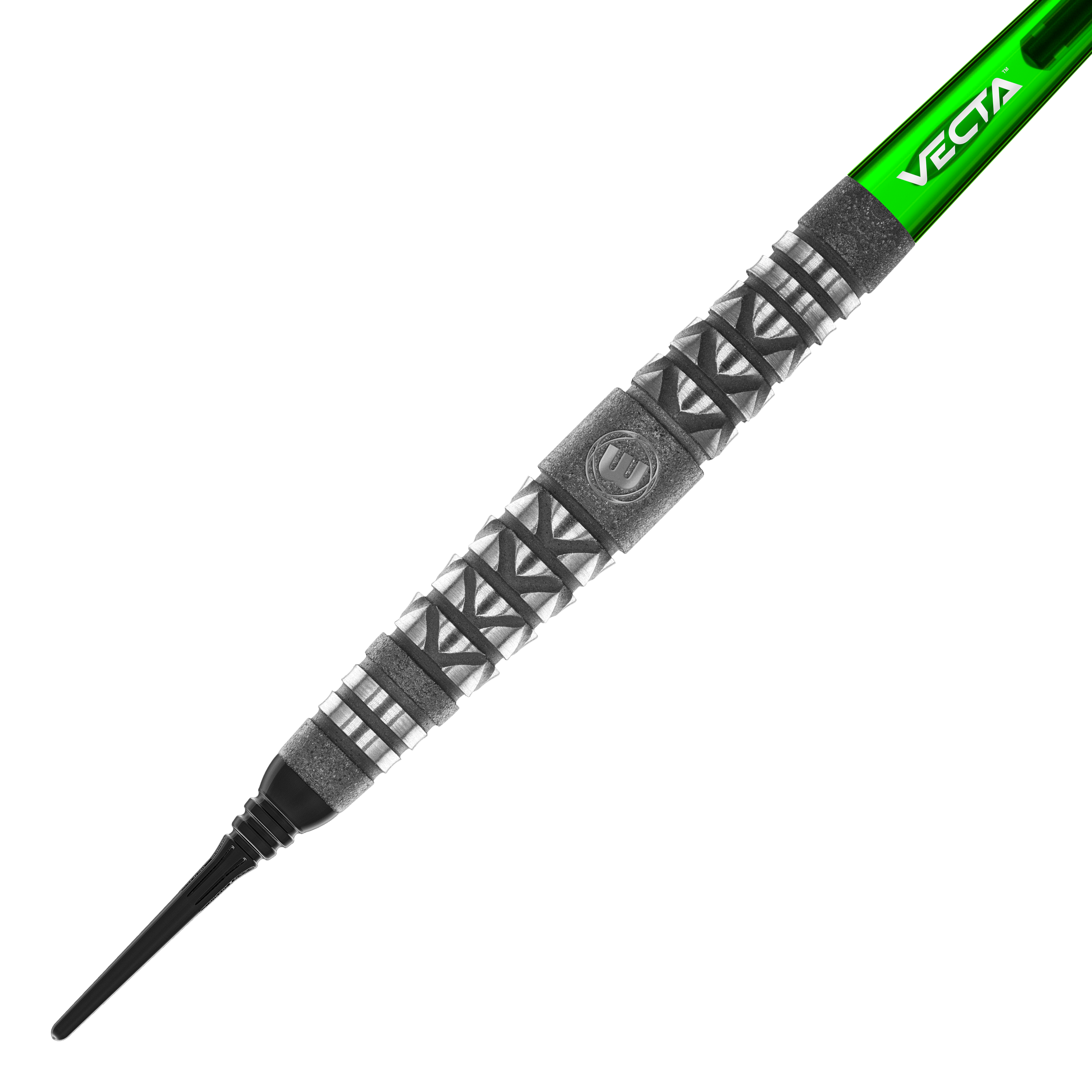 Winmau Simon Whitlock Atomized Grip Soft Darts Das Bild zeigt einen Winmau Simon Whitlock Atomised Grip Softdart. Der Dart hat ein auffälliges Griffmuster und einen grünen Schaft mit der Aufschrift "VECTA".
