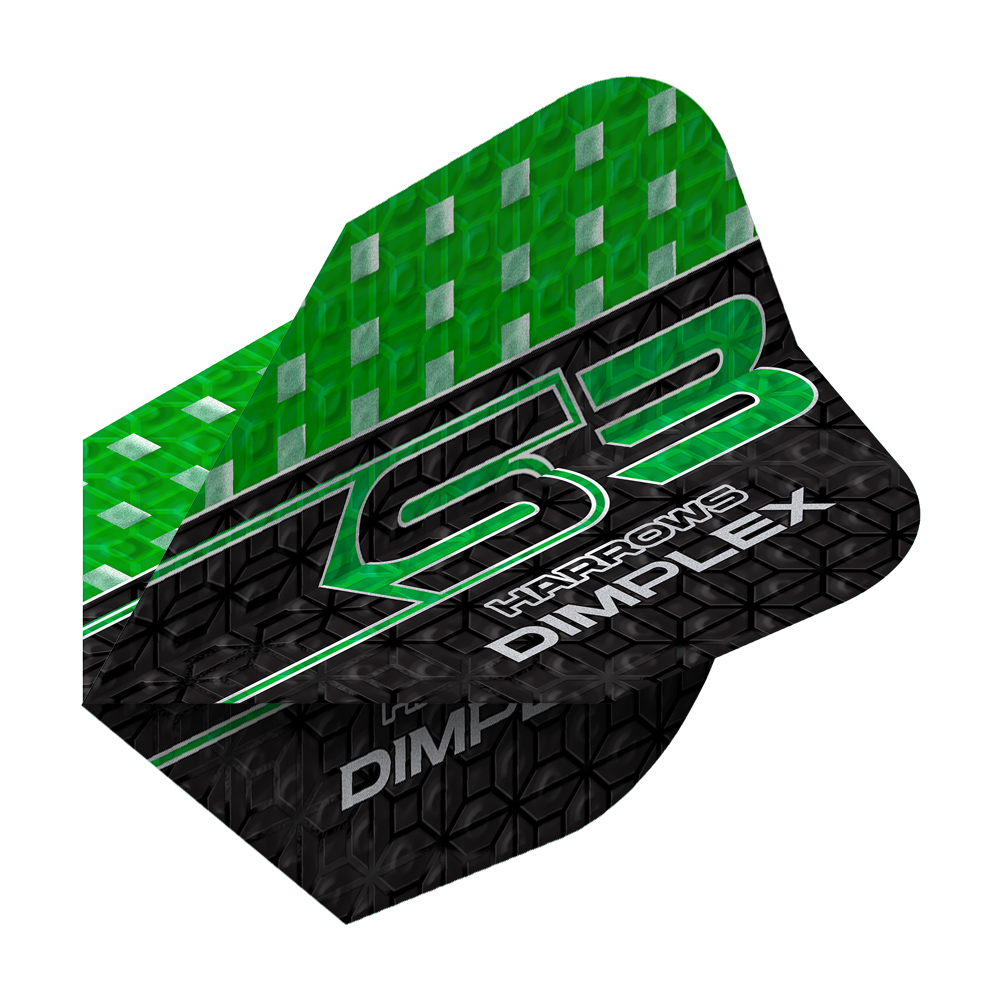 Harrows Dimplex S3 Flights - Green Das Bild zeigt einen grünen und schwarzen Dartflight mit der Aufschrift "Harrows Dimplex S3". Das obere Drittel ist grün mit silbernen Quadraten, der Rest ist schwarz mit einem Muster und weißen Schriftzügen.