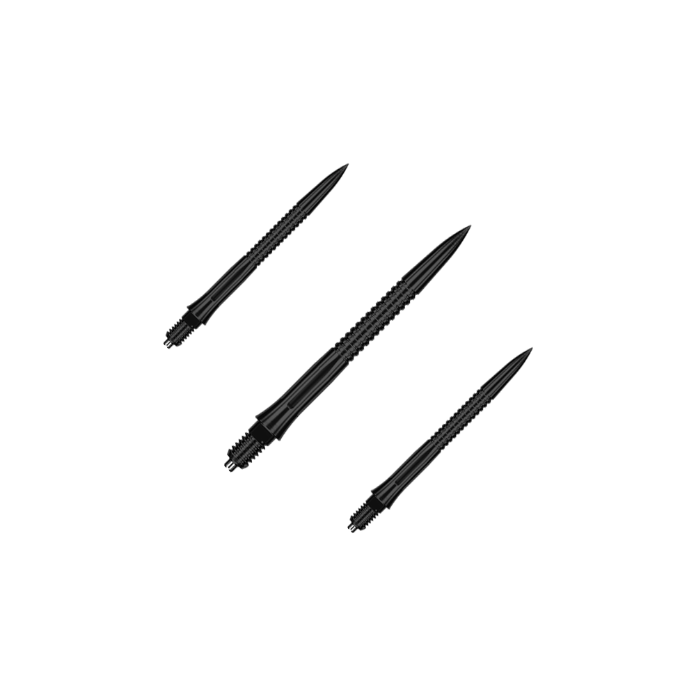 Caliburn EZ-EVO Dart Tips - Grooved - Black Das Bild zeigt ein Set EVO201 Caliburn EZ-EVO Dartspitzen mit Rillen in Schwarz, jeweils 28 mm lang. Das Set ist ideal für Dartliebhaber und Vielspieler.