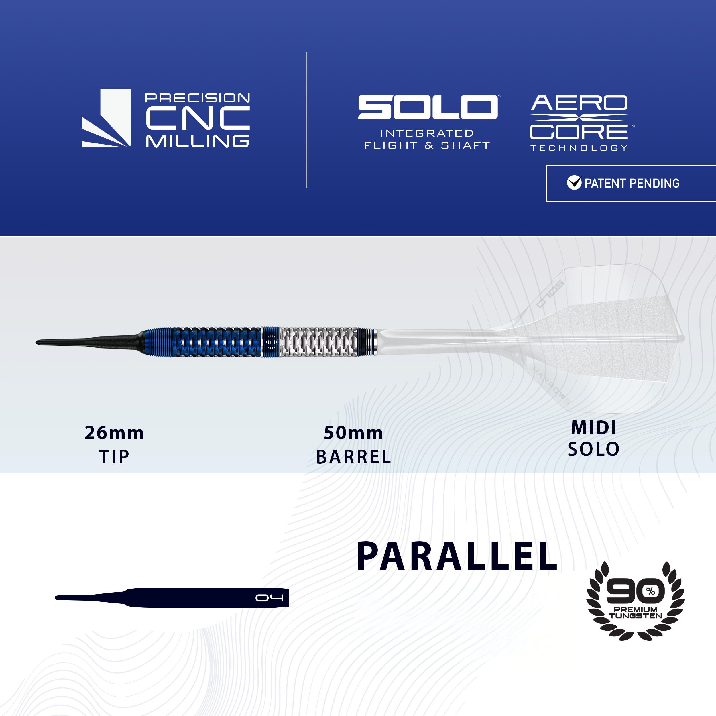 Abgebildet sind die Harrows GEO Parallel Softdarts. Die Softdarts sind auf dem Bild gut sichtbar angeordnet.