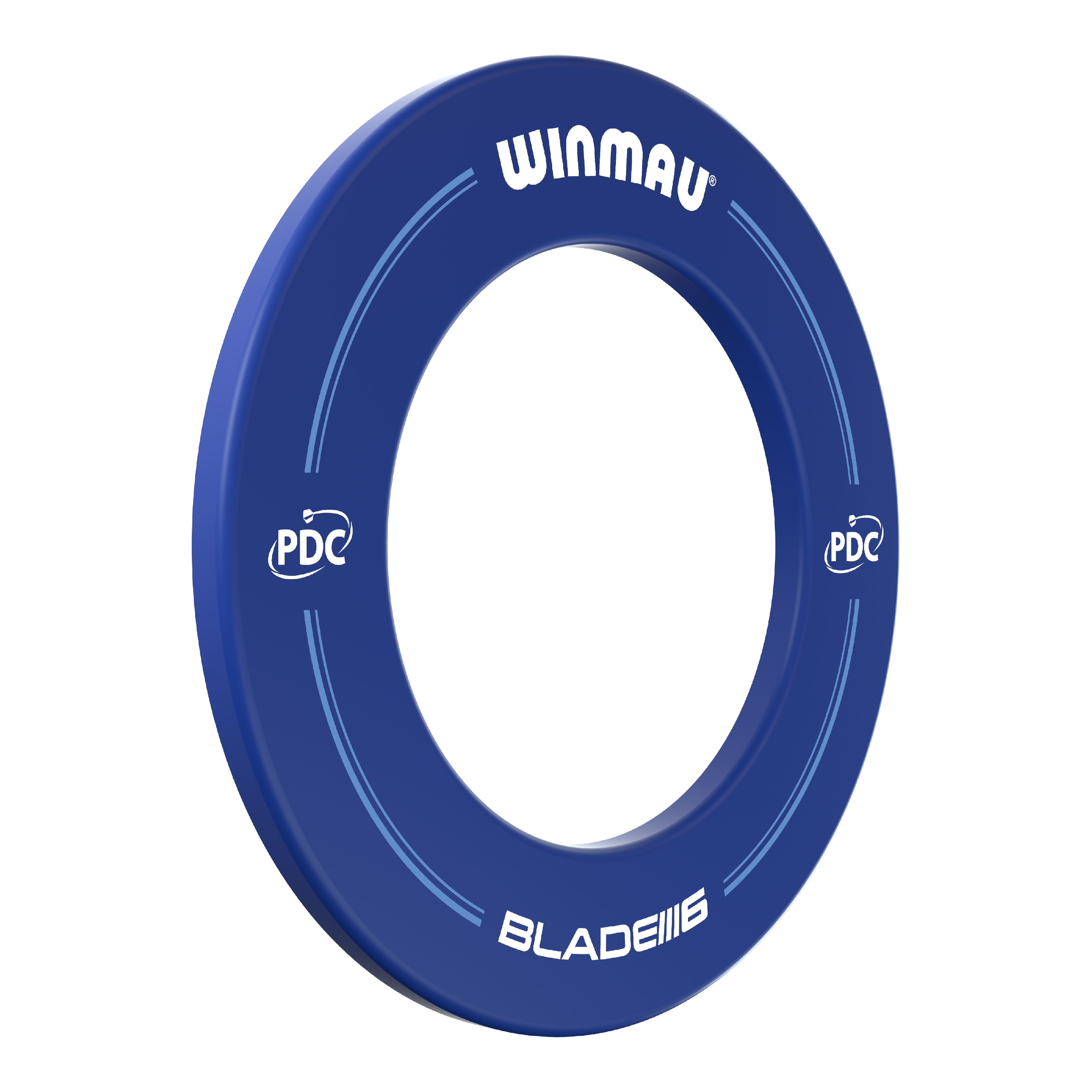 Winmau PDC Dartboard Surround - Blue Das Bild zeigt einen blauen Dartboard-Surround der Marke Winmau mit der Aufschrift "BLADE 6" und "PDC". Der Ring dient zum Schutz der Wand rund um eine Dartscheibe.