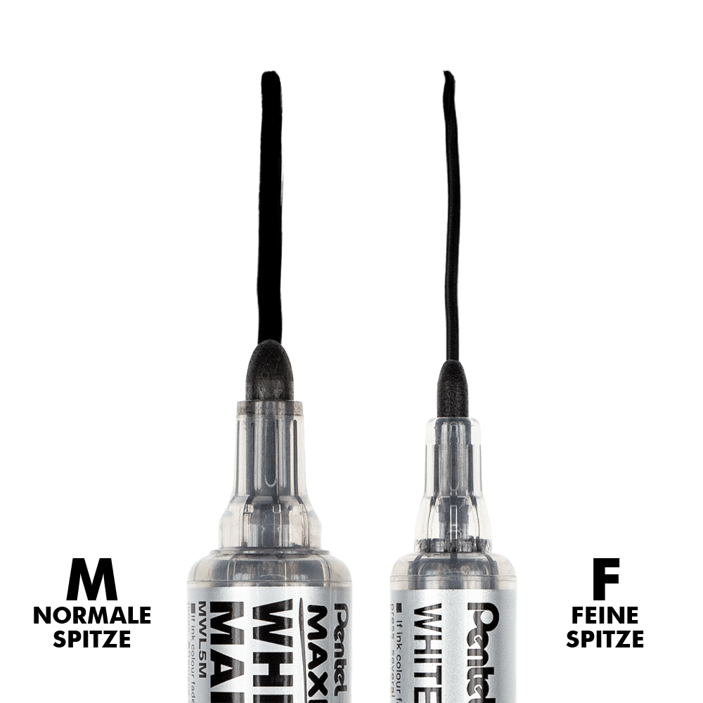 Board Marker Maxiflo Das Bild zeigt zwei Board Marker Maxiflo von Pentel mit unterschiedlich breiten Linien. Einer schreibt breit, der andere schreibt schmal.