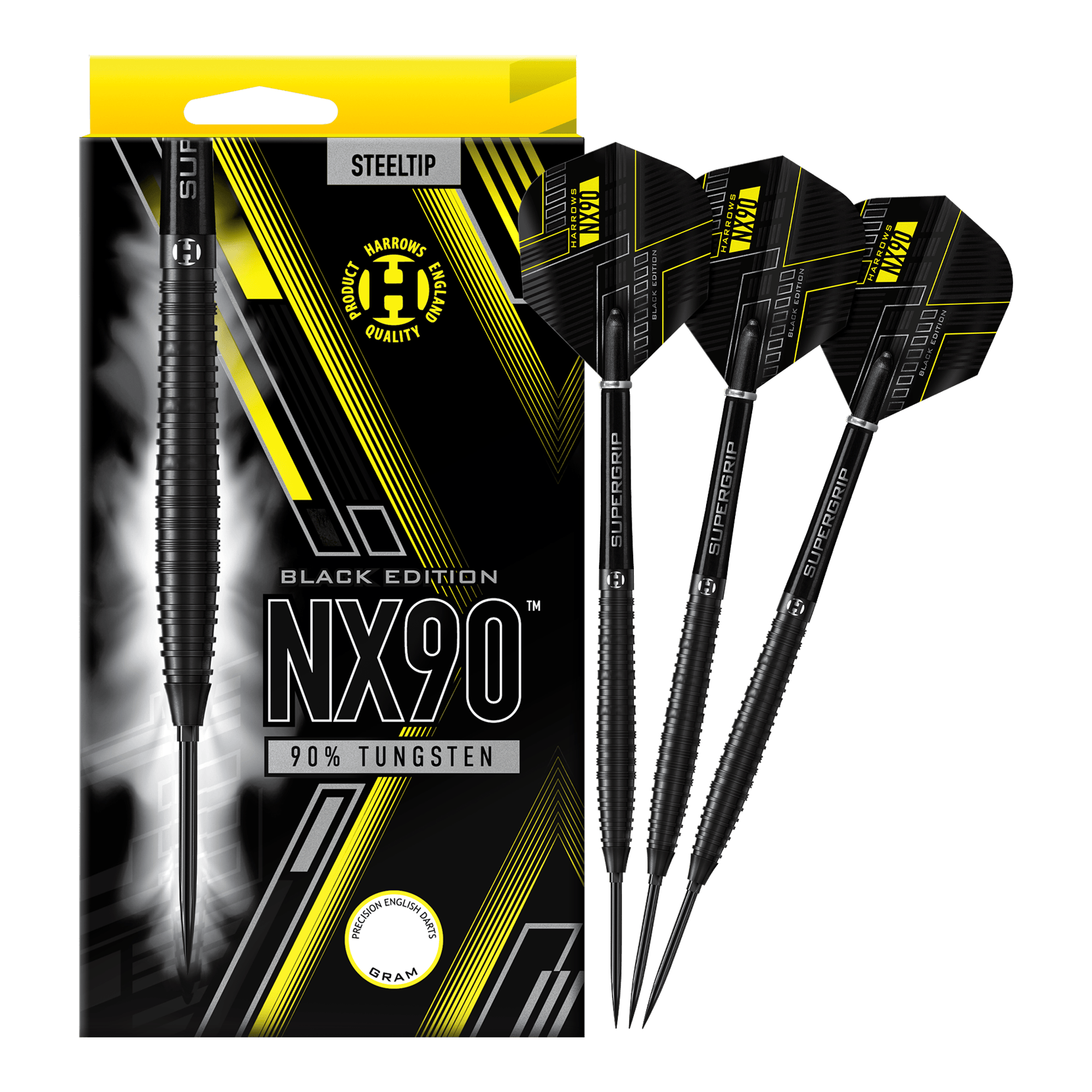 Harrows NX90 Black Edition Tapered Quick Point Steel Darts Abgebildet sind die Harrows NX90 Black Edition Tapered Quick Point Steeldarts. Die schwarzen Steeldarts haben eine schlanke, konische Form.