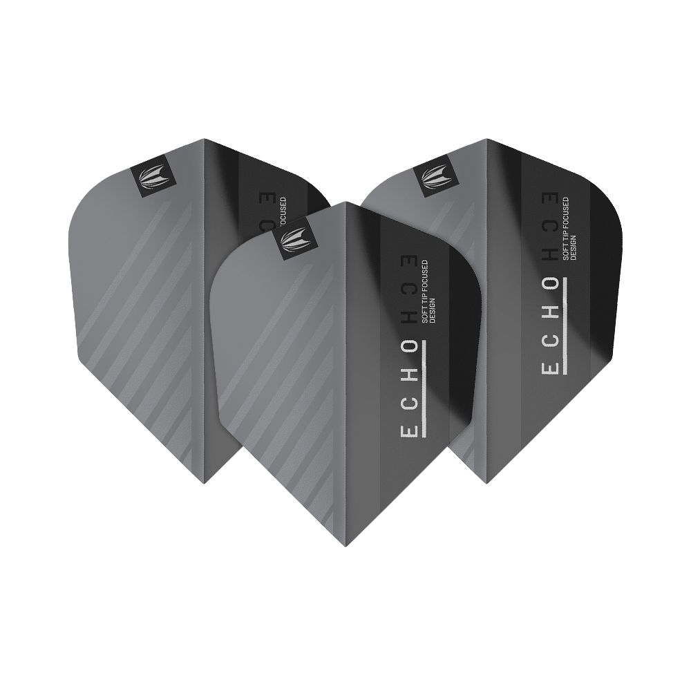 TG481_335410_Target_ProUltra_Echo_No6_Flights_1GoxgUehUknuhm Das Bild zeigt die Target ProUltra Echo No6 Flights, die für Dartpfeile verwendet werden. Sie sind in dunklen Grautönen gehalten und tragen das Echo-Logo.