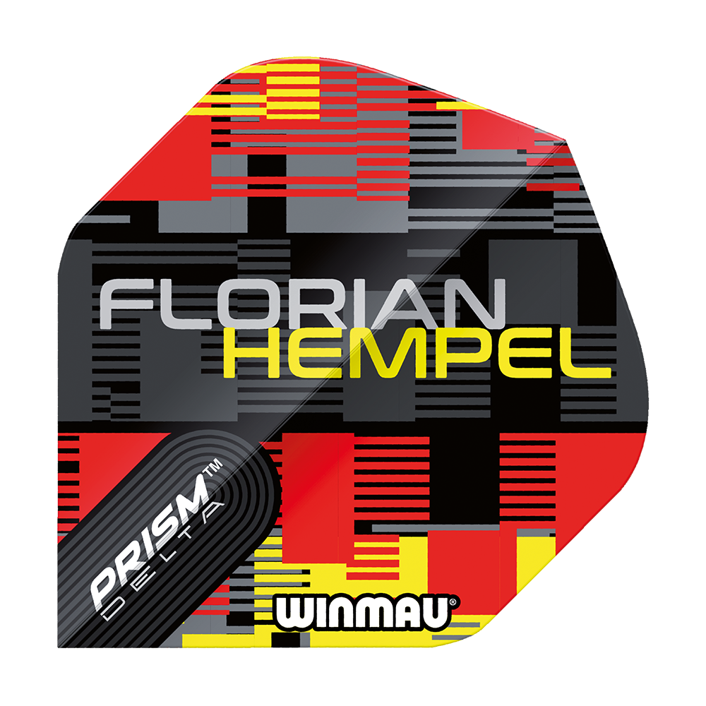 6915-259_Winmau_Prism_Delta_Florian_Hempel_Metallic_Standard_Flights_1 Das Bild zeigt ein Winmau Prism Delta Florian Hempel Metallic Standard Flight. Das Design ist in Schwarz, Rot und Gelb mit dem Namen "Florian Hempel" und dem Winmau-Logo gestaltet.
