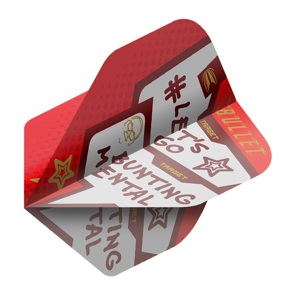 Target Pro Ultra Stephen Bunting Mental No2 Standard Flights - 3 Sets Das Bild zeigt ein Dart-Flight mit der Aufschrift „BUNTING MENTAL“ und „LET’S GO“. Das Flight hat ein rotes und weißes Design mit gelben und braunen Akzenten.