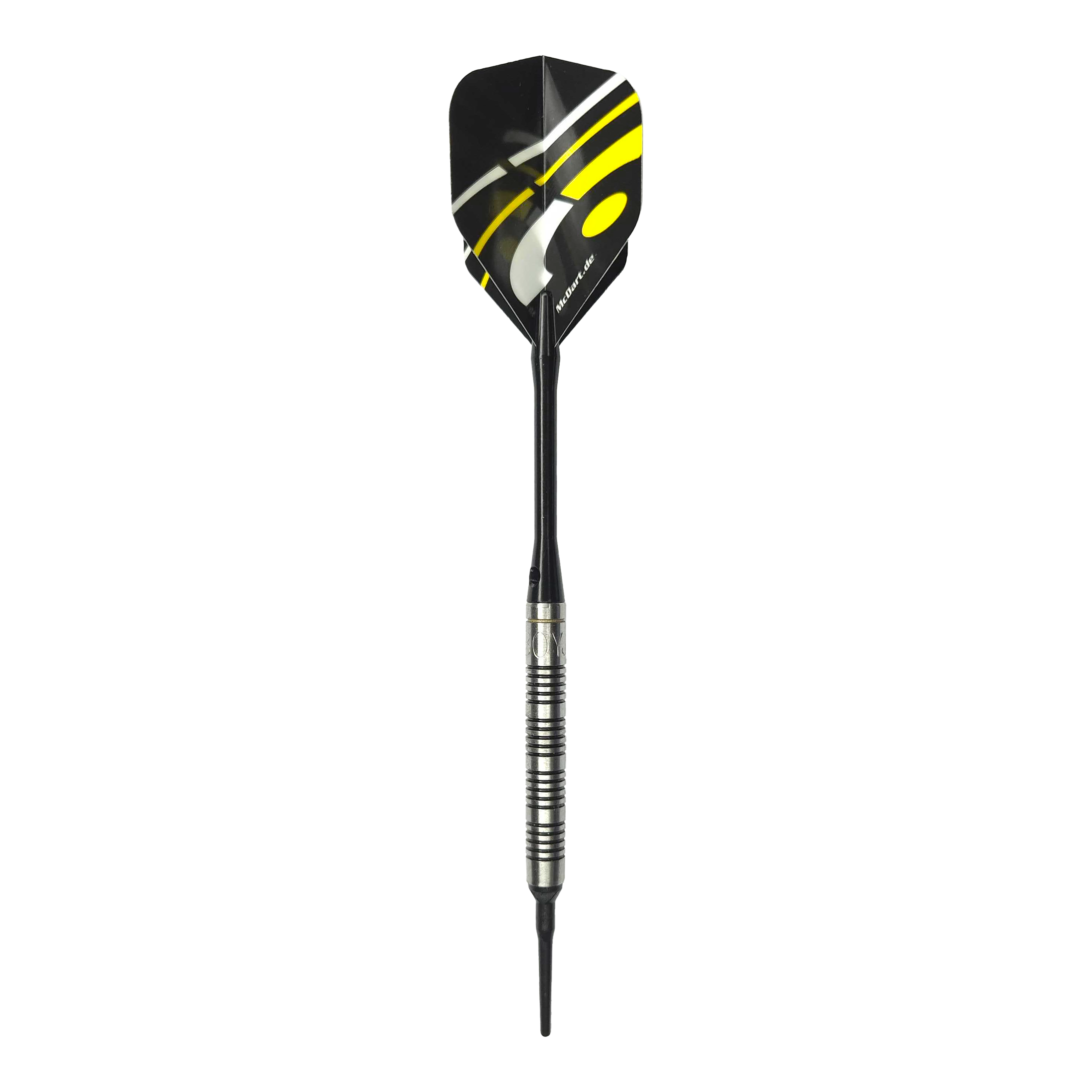 McDart 85 Tungsten V17 Softdarts - 16.5g Das Bild zeigt den McDart 85er Tungsten V17 Softdart mit einem Gewicht von 16,5g. Der Dart hat ein modernes Design mit schwarzen und gelben Akzenten auf den Flights.