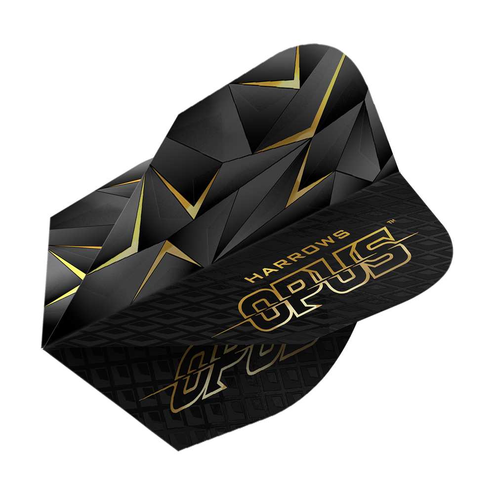 Harrow's Opus Version 3 Flights Das Bild zeigt die Harrows Opus Version 3 Flights. Sie sind schwarz mit einem goldenen geometrischen Muster und goldener Schrift gestaltet.