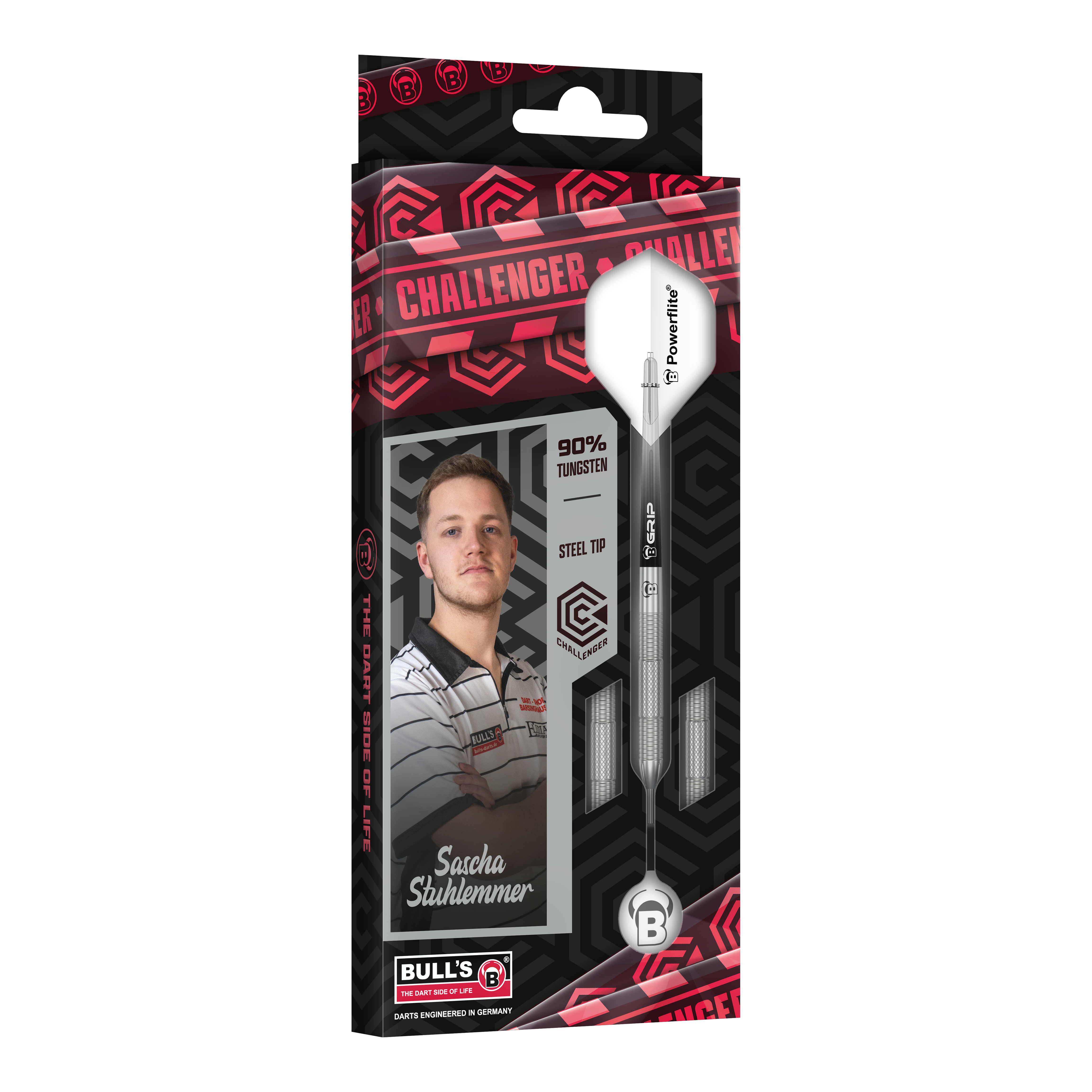 Das Bild zeigt die Verpackung der "Bulls Challenger Sascha Stuhlemmer Steeldarts - 23g". Auf der Verpackung ist neben dem Dartpfeil auch ein Foto von Sascha Stuhlemmer abgebildet.