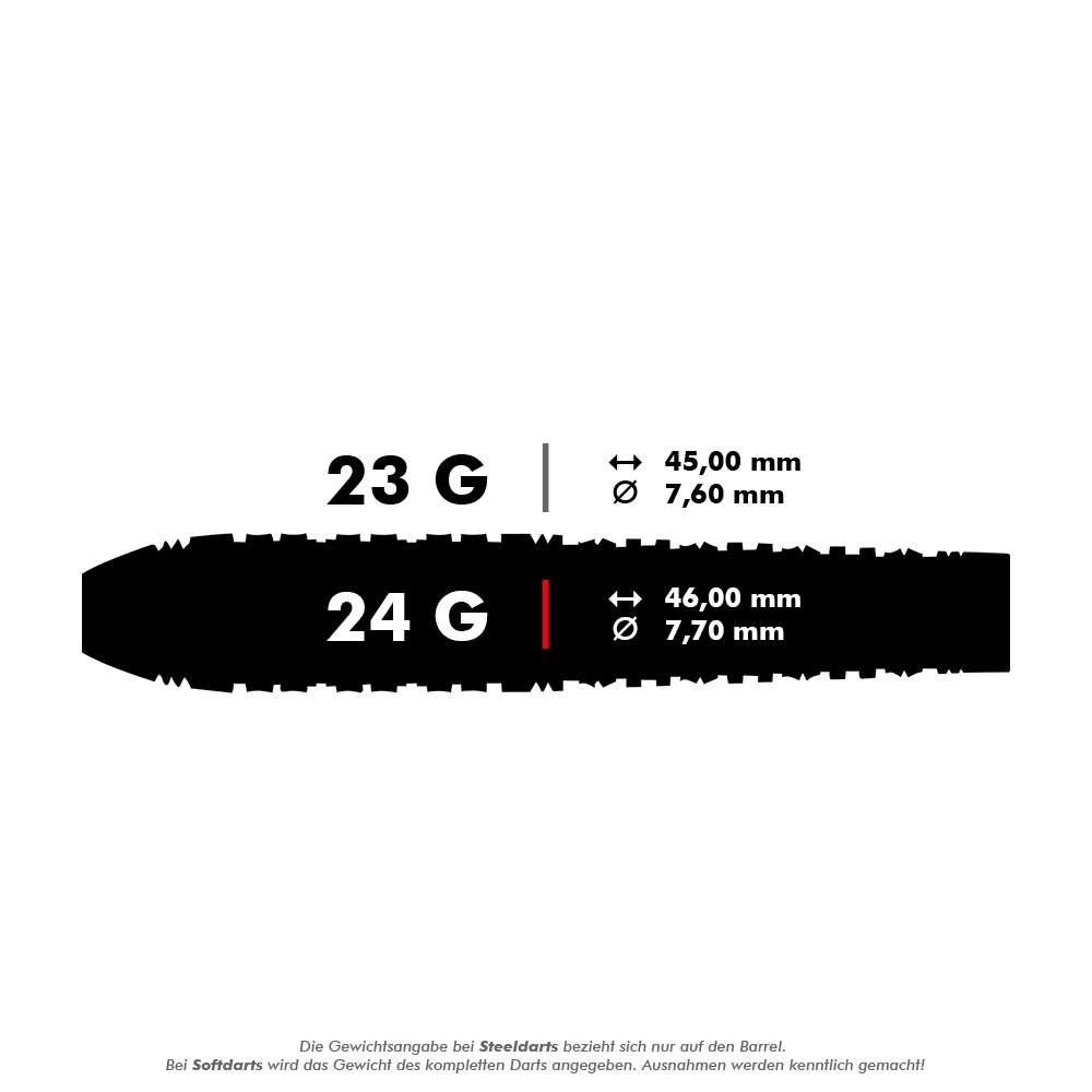 Das Bild zeigt die Spezifikationen von Steeldarts mit 23 g und 24 g Gewicht. Die Maße für 23 g sind 45,00 mm Länge und 7,60 mm Durchmesser, für 24 g sind es 46,00 mm Länge und 7,70 mm Durchmesser.