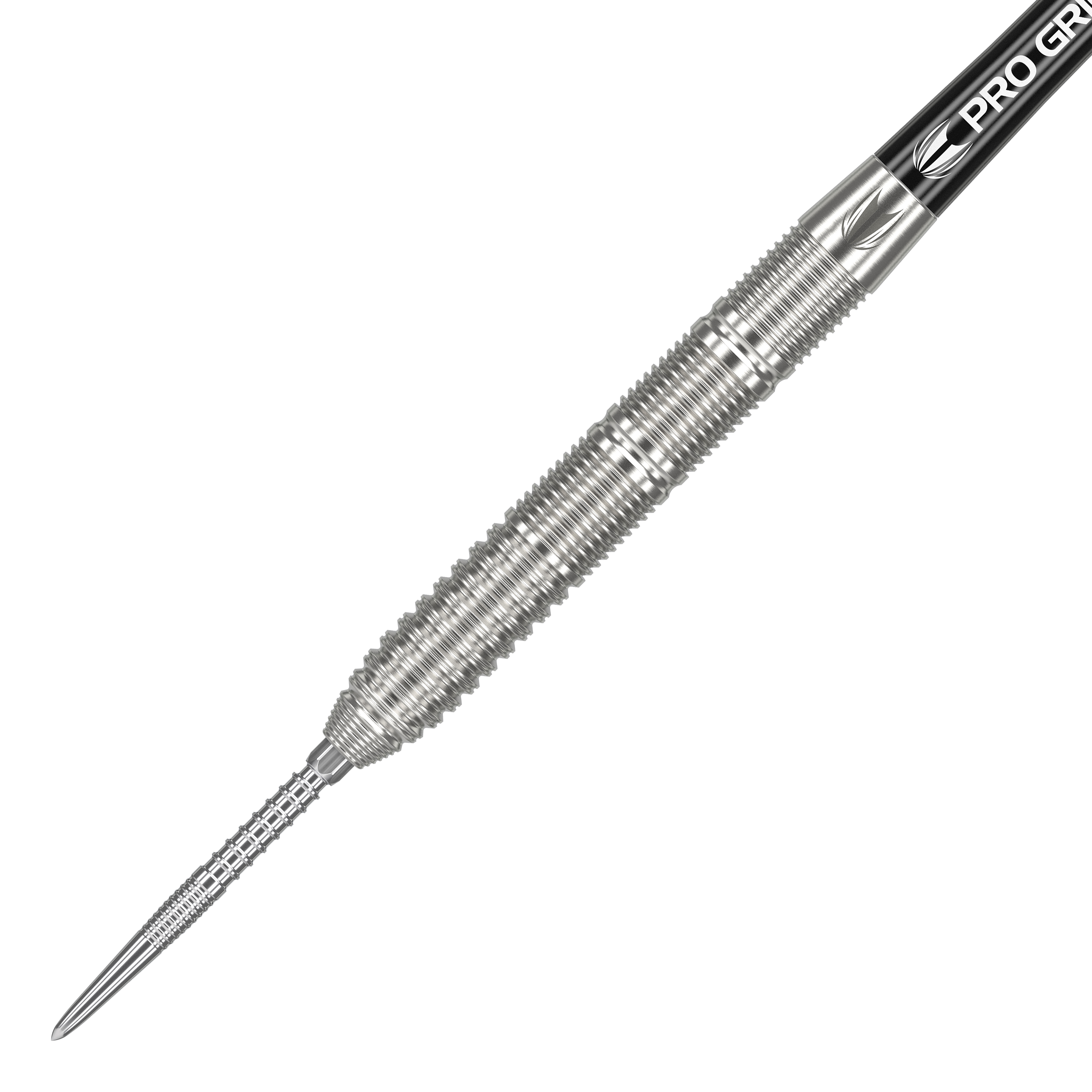 Target Kevin Doets GEN1 Swiss Point Steeldarts - 23g Das Bild zeigt einen Target Kevin Doets GEN1 Swiss Point Steeldart mit 23g Gewicht. Der Dart hat ein silbernes, geriffeltes Barrel und eine scharfe Spitze.