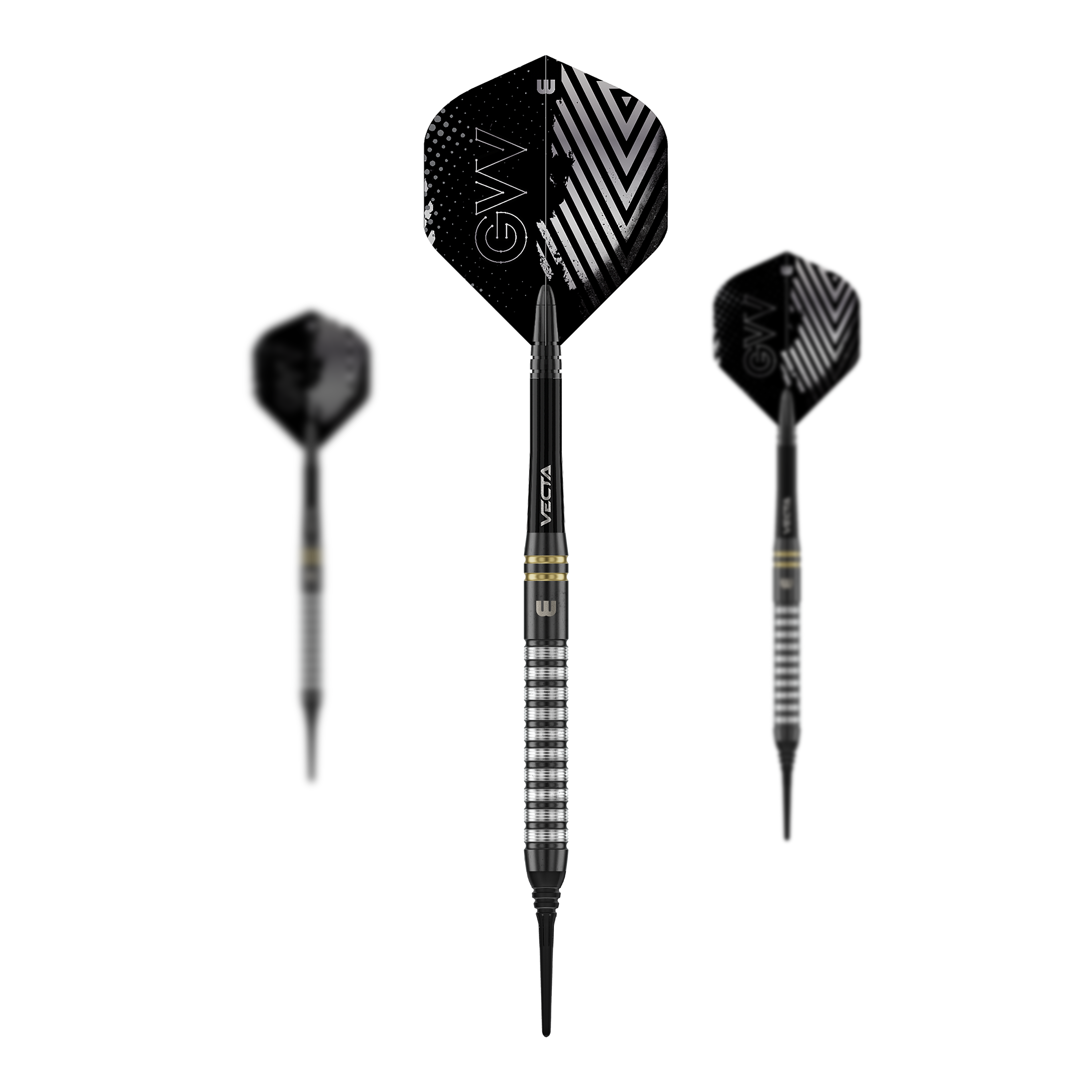 Winmau Gian Van Veen TS soft darts - 18g Das Foto zeigt ein Set der Winmau Gian Van Veen TS Softdarts 18g. Alle Darts liegen nebeneinander auf einer ebenen Fläche.