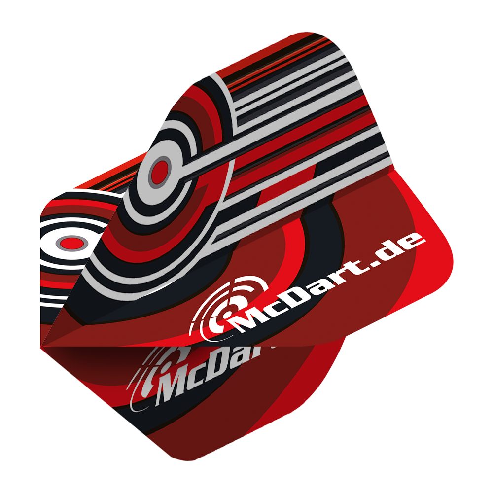 McDart Design V4 Standard Flights Das Bild zeigt die McDart Design V4 Standard Flights. Sie sind in Rot, Schwarz und Weiß gestaltet und tragen den Schriftzug "McDart.de".