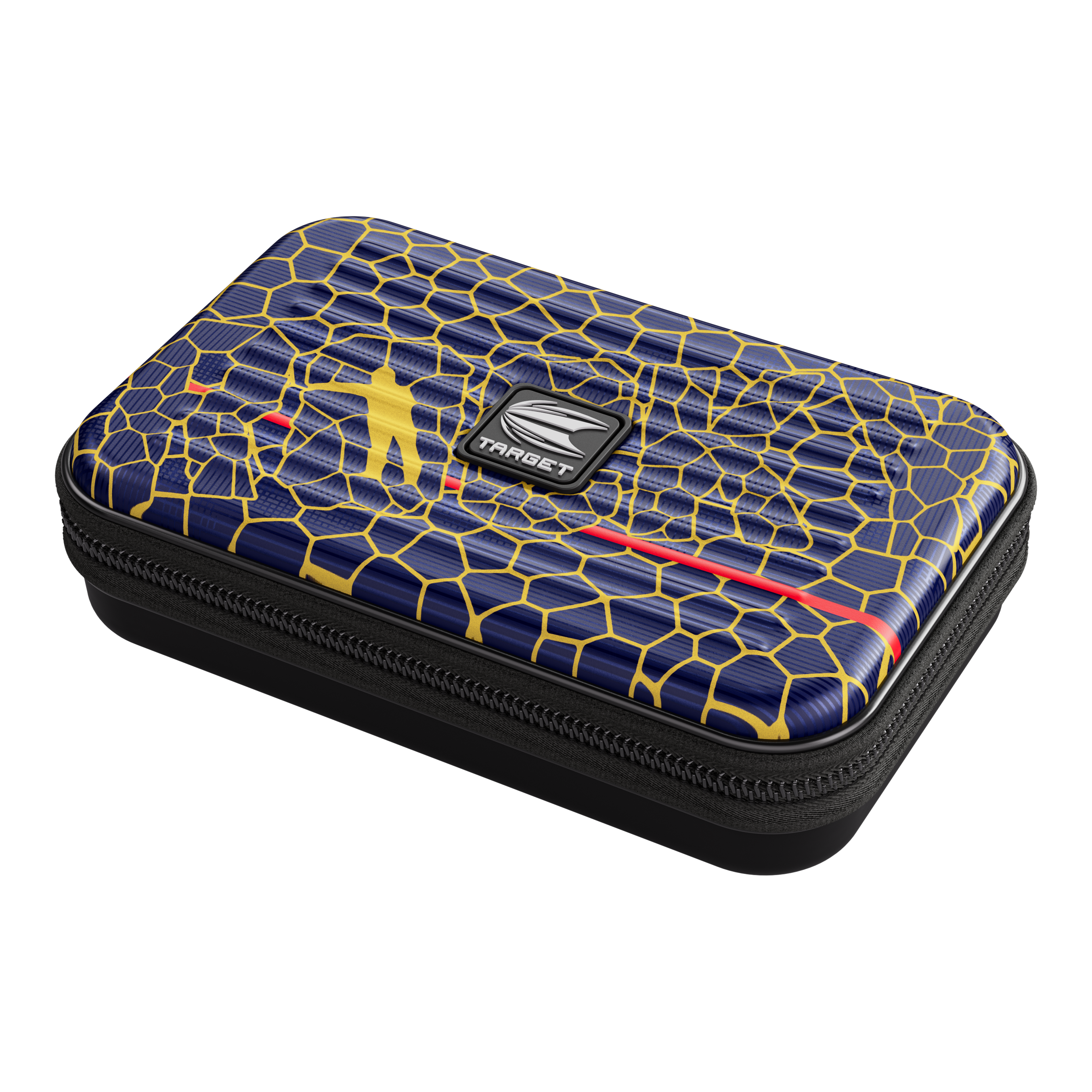 Target Takoma Josh Rock XL dart case Das Bild zeigt das Produkt "Target Takoma Josh Rock XL Dartcase". Das Dartcase hat ein blaues Design mit gelben Linien und einem roten Streifen sowie ein zentrales "Target"-Logo.