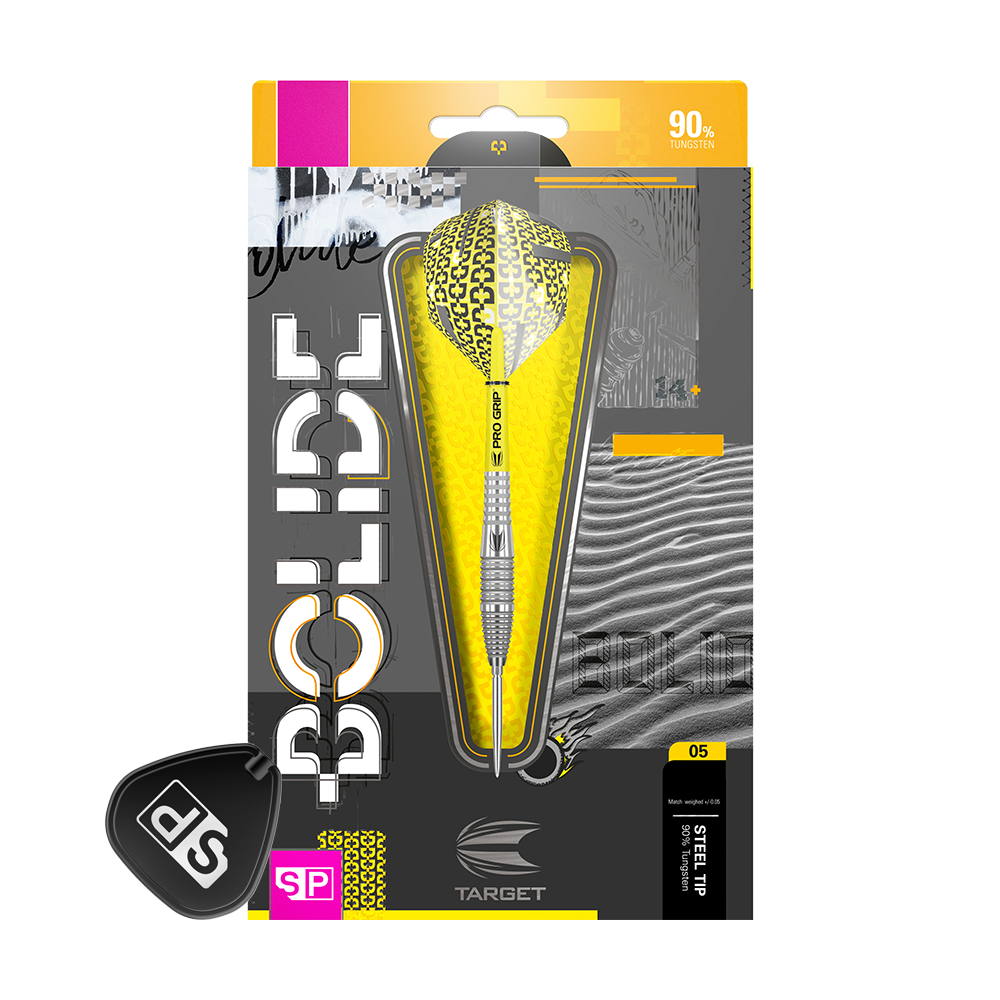 190063_Target_Bolide_05_Swiss_Point_Steeldarts_3f7G025yBQCBzq Das Bild zeigt die Verpackung der Target Bolide 05 Swiss Point Steeldarts. Die Darts haben ein auffälliges gelb-schwarzes Design und bestehen zu 90 % aus Tungsten.