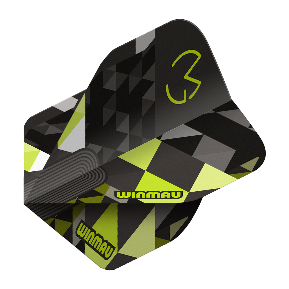 Winmau Prism Delta MvG Logo Green No2 Standard Flights Das Bild stellt Winmau Prism Delta MvG Logo Green No2 Standard Flights dar. Grüne Dart-Flights mit einem markanten Logo sind abgebildet.