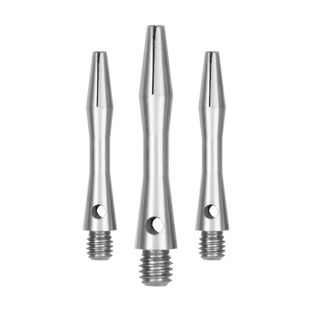 Das Bild zeigt drei silberne Aluminium-Schäfte in verschiedenen Längen. Sie haben ein glattes, metallisches Finish und ein Schraubgewinde am unteren Ende.