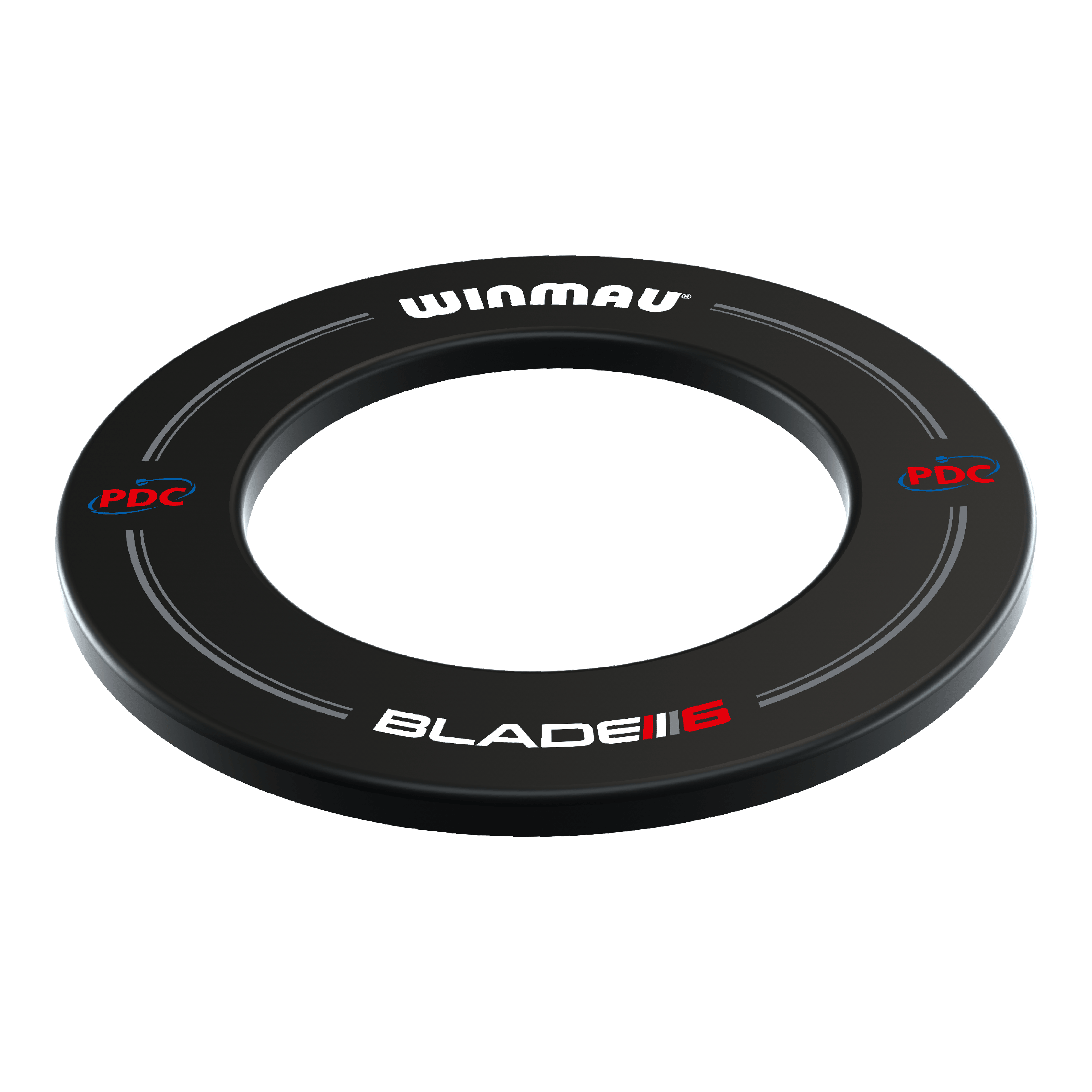 Winmau PDC Dartboard Surround - Black Das Bild zeigt einen schwarzen Winmau PDC Dartboard Surround. Auf dem Ring stehen die Worte "WINMAU", "BLADE 6" und "PDC" in weißer und roter Schrift.