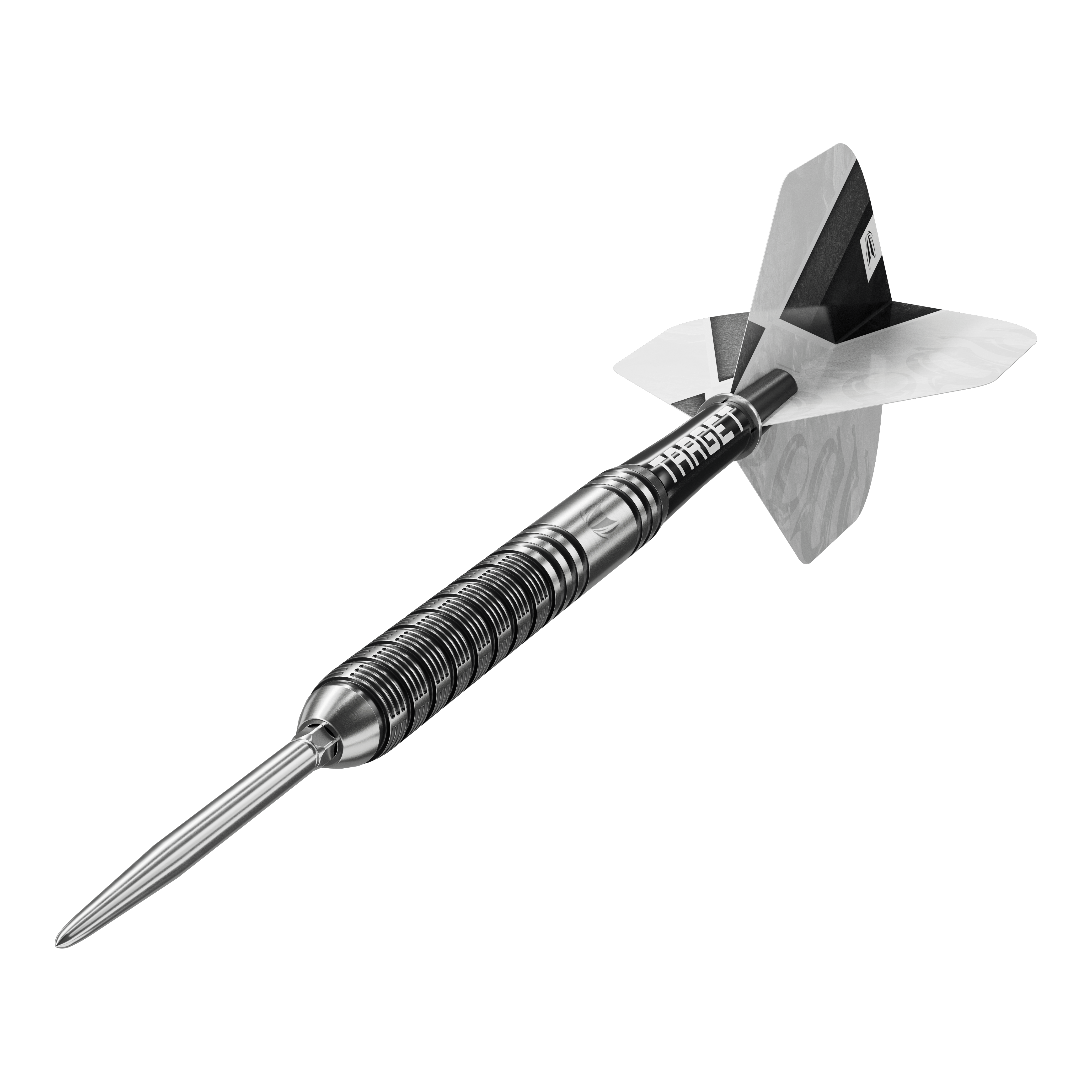 Hier werden die Target Beau Greaves GEN1 Swiss Point Steeldarts in einer weiteren Perspektive gezeigt. Das Bild hebt die Form und das Design der Darts hervor.