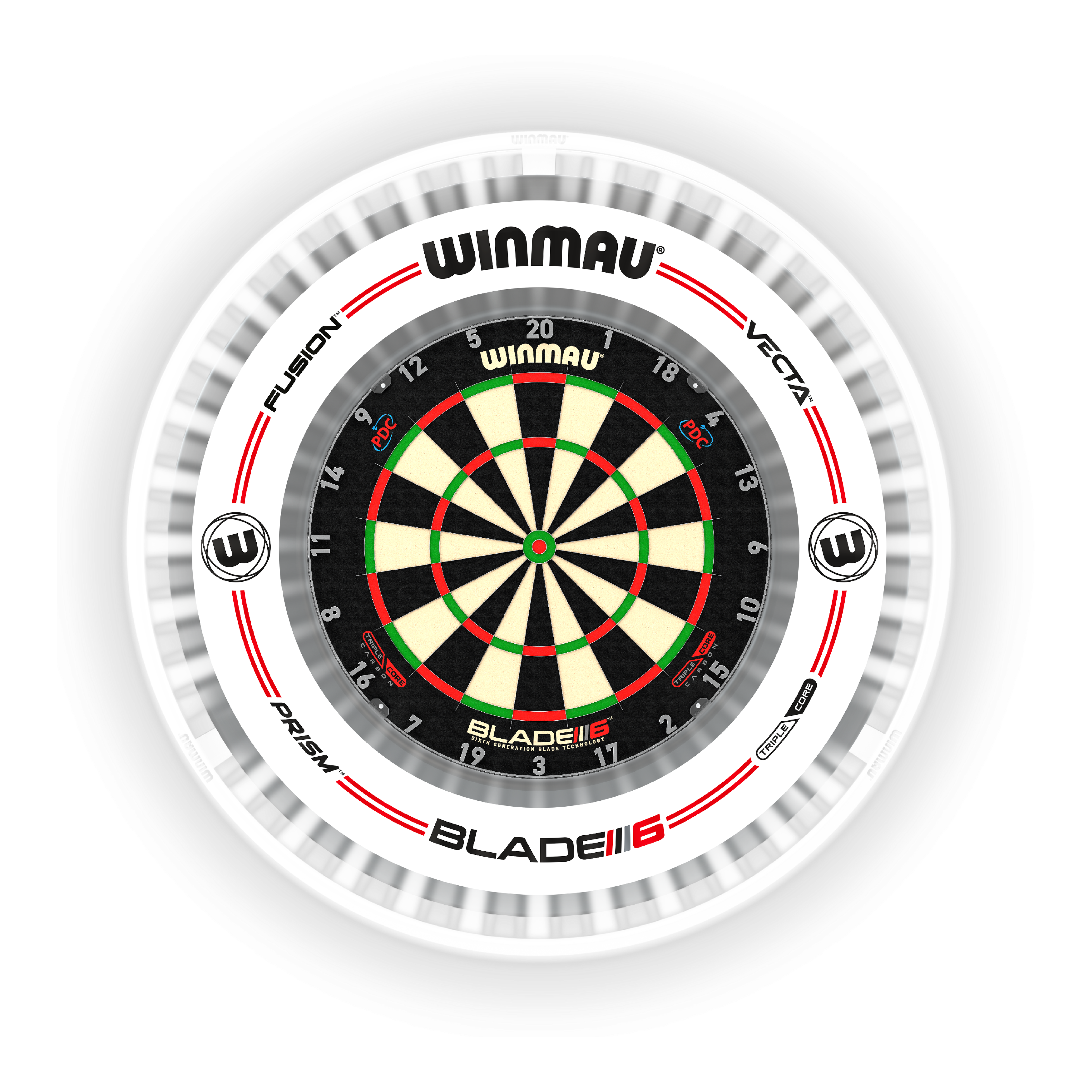 Winmau Plasma Ice LED Dartboard Light Das Bild zeigt das Produkt "Winmau Plasma Ice LED Dartboard Light" um ein Dartboard. Es sorgt für eine helle und gleichmäßige Ausleuchtung der Dartscheibe.