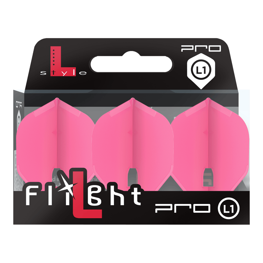 Auf dem Bild ist eine Packung mit drei pinken Dart-Flights der Marke L-Style zu sehen. Die Verpackung zeigt den Schriftzug "Flight Pro L1" auf der Vorderseite.