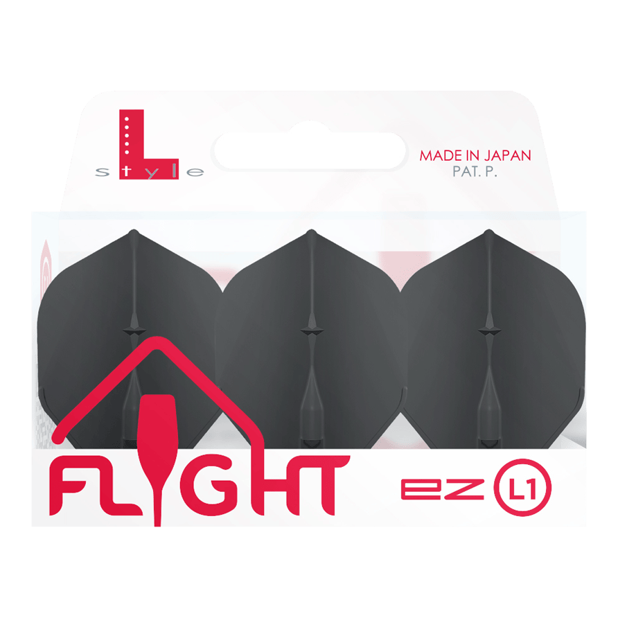 L-Style Champagne L1EZ Standard Flights Die Abbildung zeigt eine Packung mit L-Style Champagne L1EZ Standard Flights. In der Verpackung befinden sich drei schwarze Dartflights.