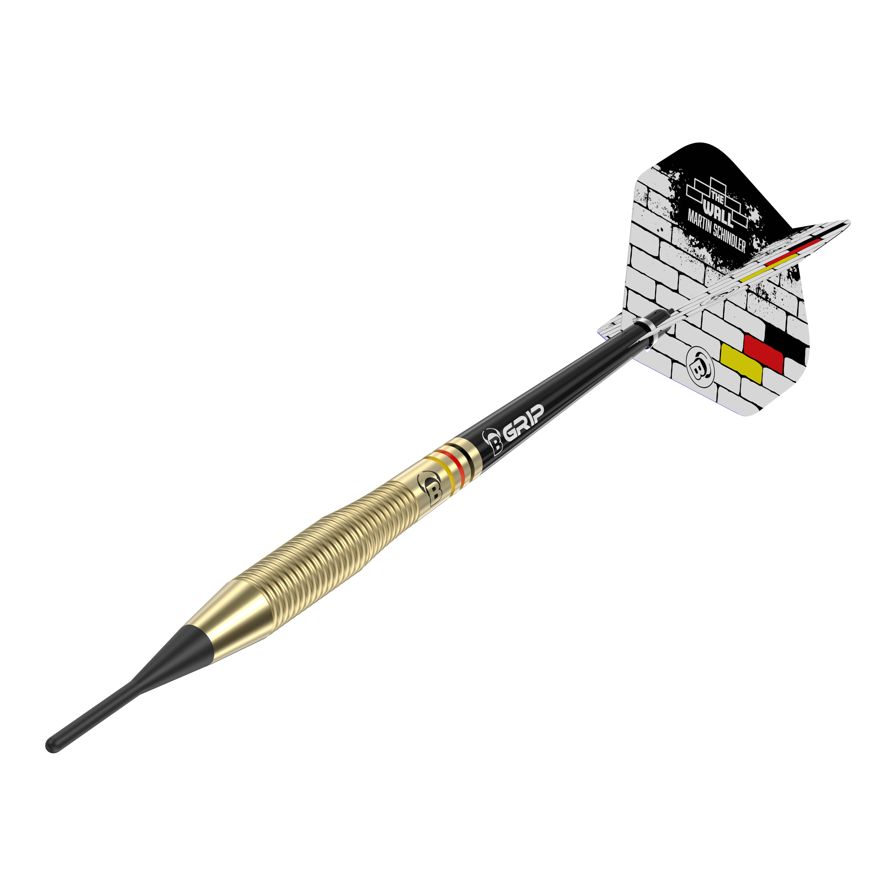 Bulls Martin Schindler The Wall Brass Softdarts - 18g Das Bild zeigt einen Softdart namens "Bulls Martin Schindler The Wall Brass Softdarts - 18g". Der Dart hat einen messingfarbenen Schaft und eine Flight mit einem weißen Mauer-Design und schwarz-rot-gelben Streifen.
