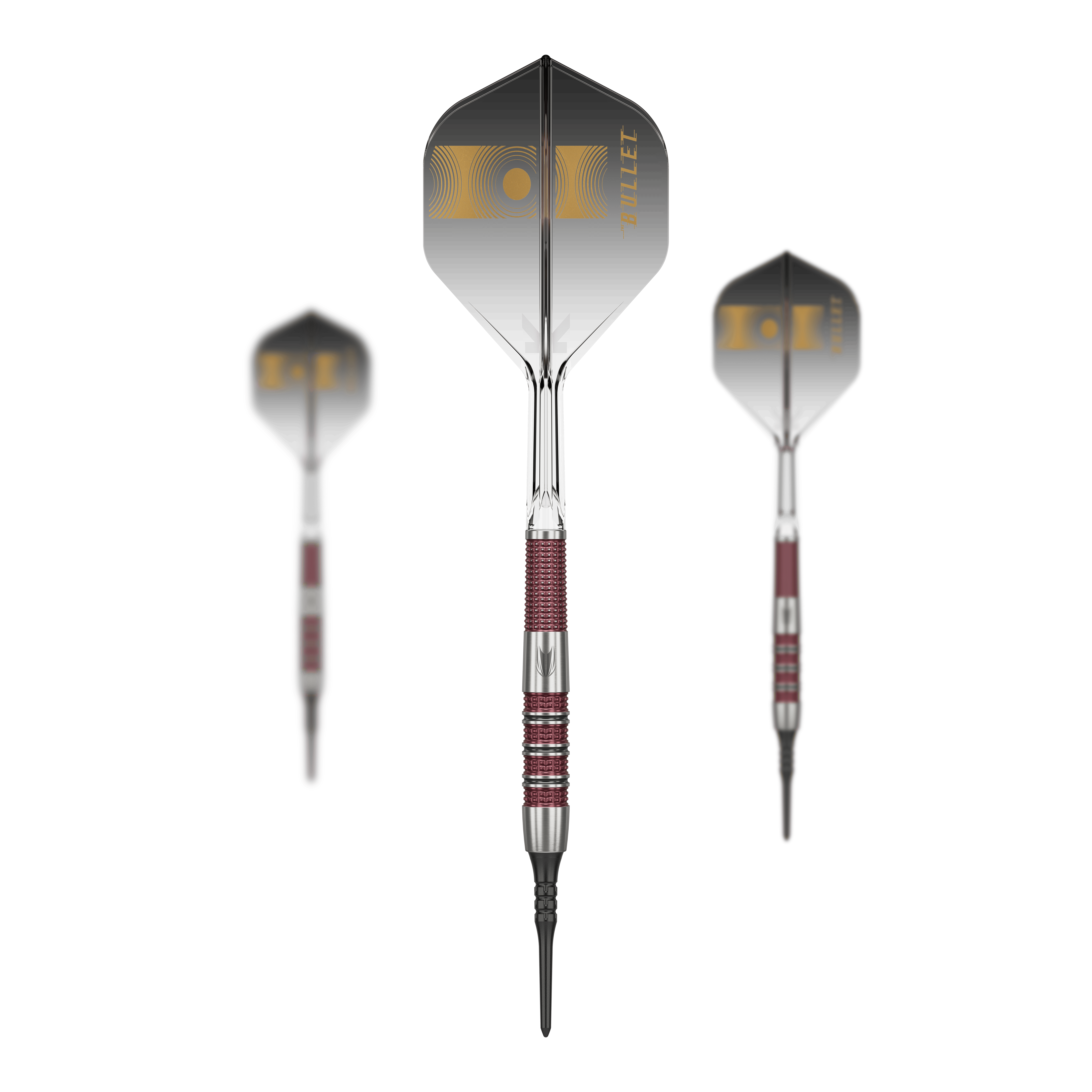 Target Stephen Bunting 95K Soft Darts - 19g Auf dem Bild sind drei Softdarts des Modells „Target Stephen Bunting 95K“ mit einem Gewicht von 19g zu sehen. Die Darts haben schwarze Flights mit goldener Aufschrift und silber-rote Griffe.