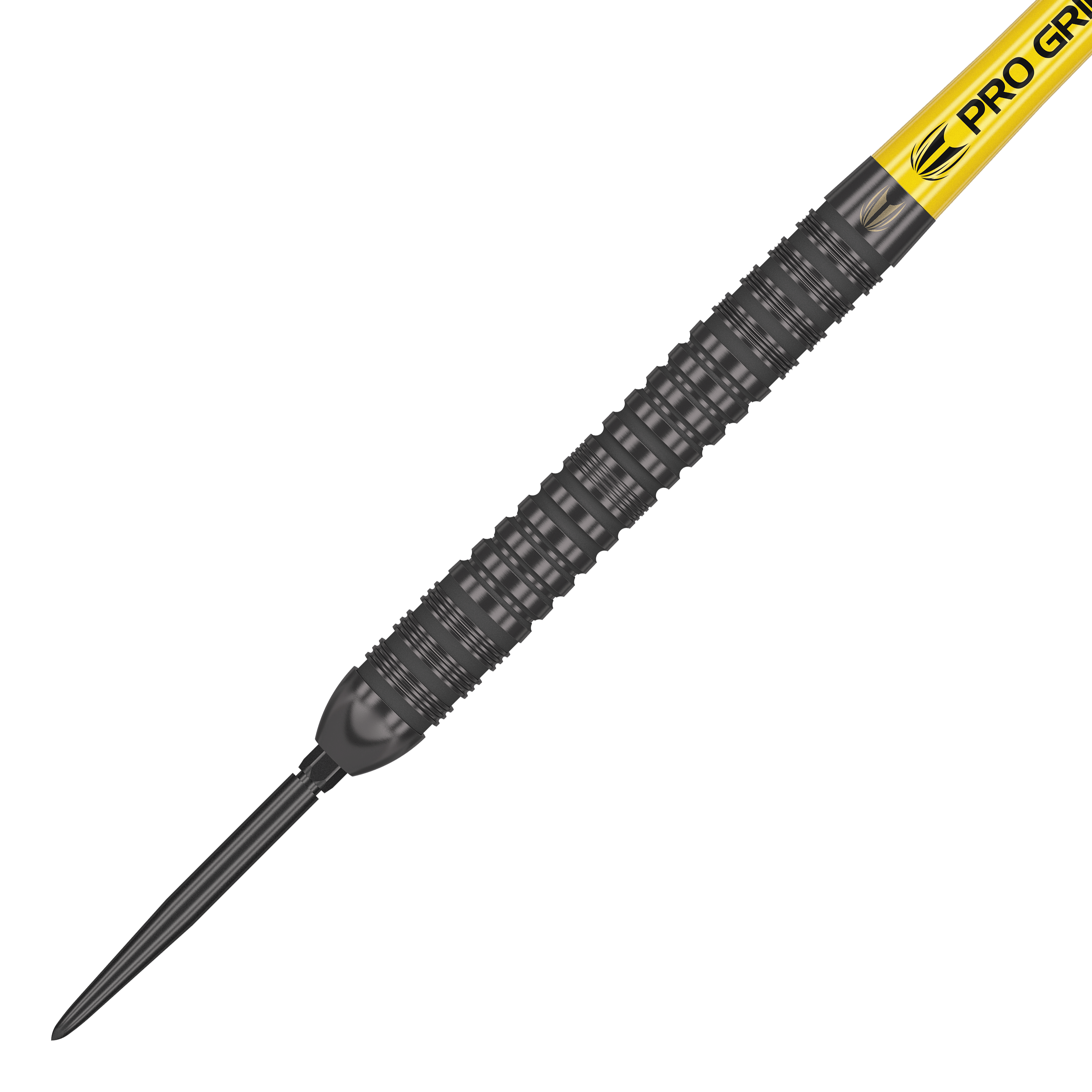 Target Bolide Void 04 Swiss Point steel darts Das Bild zeigt einen Target Bolide Void 04 Swiss Point Steeldart. Der Dart hat ein schwarzes, geriffeltes Barrel und einen gelben Schaft mit der Aufschrift "PRO GRIP".