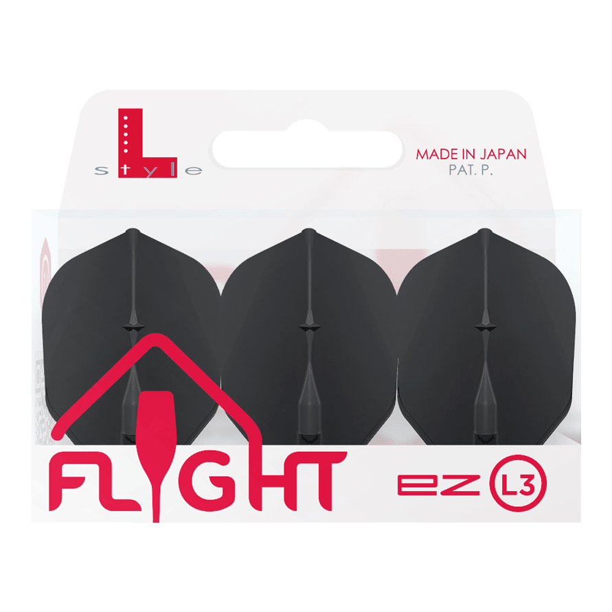 L-L-Style3EZ Flights Auf dem Bild ist eine Packung mit drei schwarzen Dartflights der Marke L-Style zu sehen. Die Verpackung trägt die Aufschrift „MADE IN JAPAN“ und „FLIGHT ez L3“.