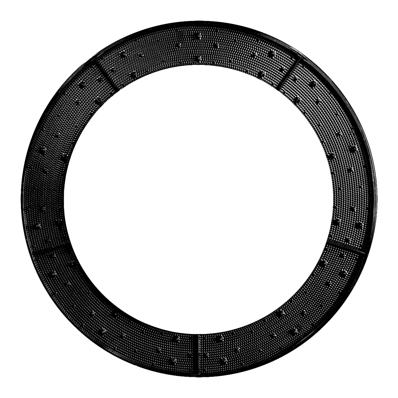 Das Bild zeigt einen schwarzen, ringförmigen Wurfkranz mit sichtbaren Noppen auf der Oberfläche. Der Ring ist in mehrere Segmente unterteilt.