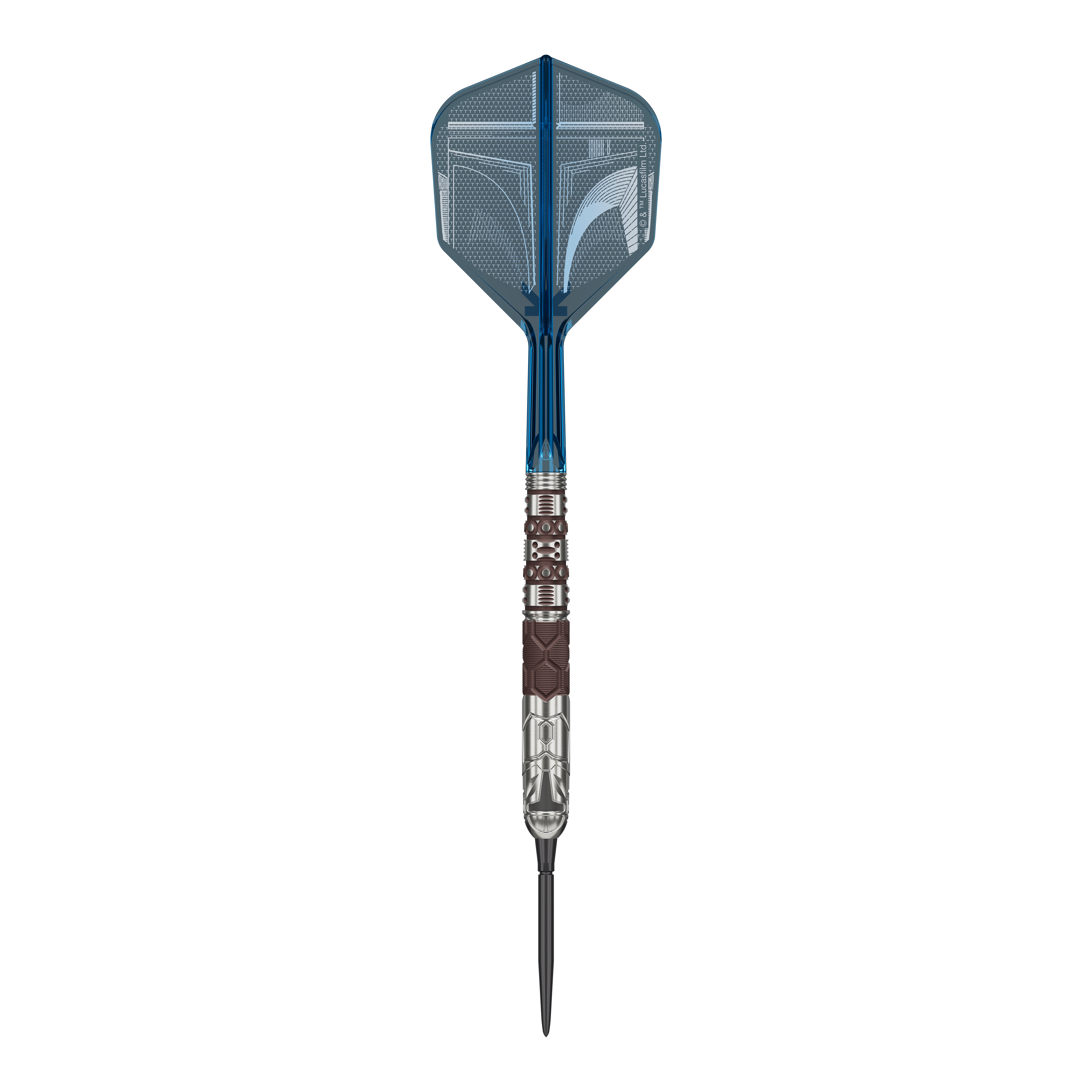 Dieses Bild zeigt die Target Star Wars Mandalorian 95 Swiss Point Steeldarts. Die Darts verfügen über eine besondere Optik passend zur Mandalorian-Reihe.