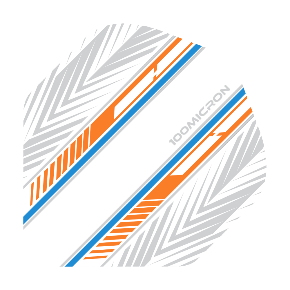 Pentathlon Flights white/orange/blue Das Bild zeigt ein Dartflight mit einem weißen Hintergrund und auffälligen orange-blauen Streifen. Zusätzlich sind graue geometrische Muster und der Schriftzug "100MICRON" zu sehen.